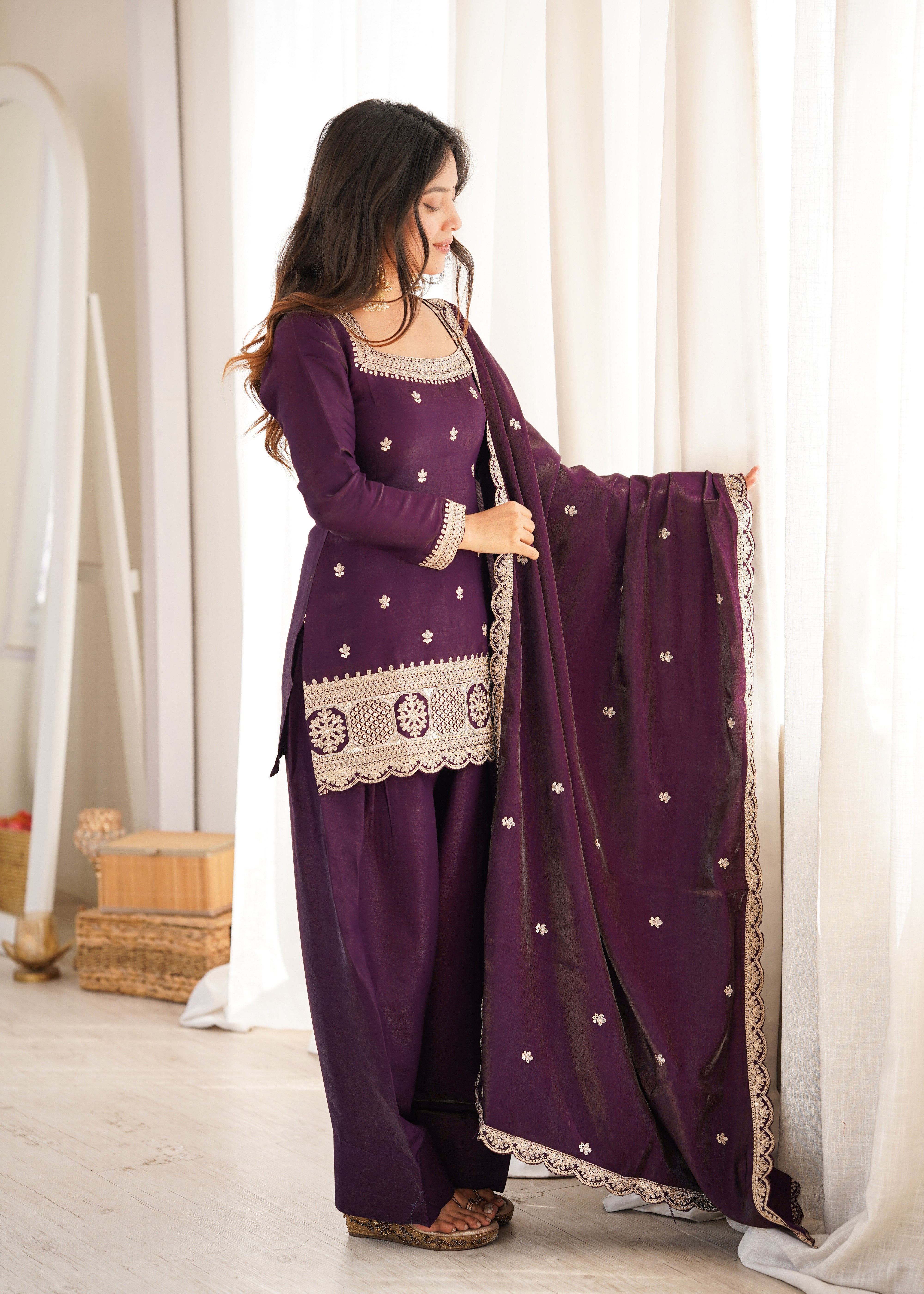 Royal Plum Designer Glass Roman Silk Kurta Set with Farshi Shalwar & Dupatta | NARDEV FASHION | ✨ Wedding Functions ✨ Festive Celebrations ✨ Mehendi & Sangeet ✨ Family Gatherings ✨ Traditional Occasions ✨ Party Wear