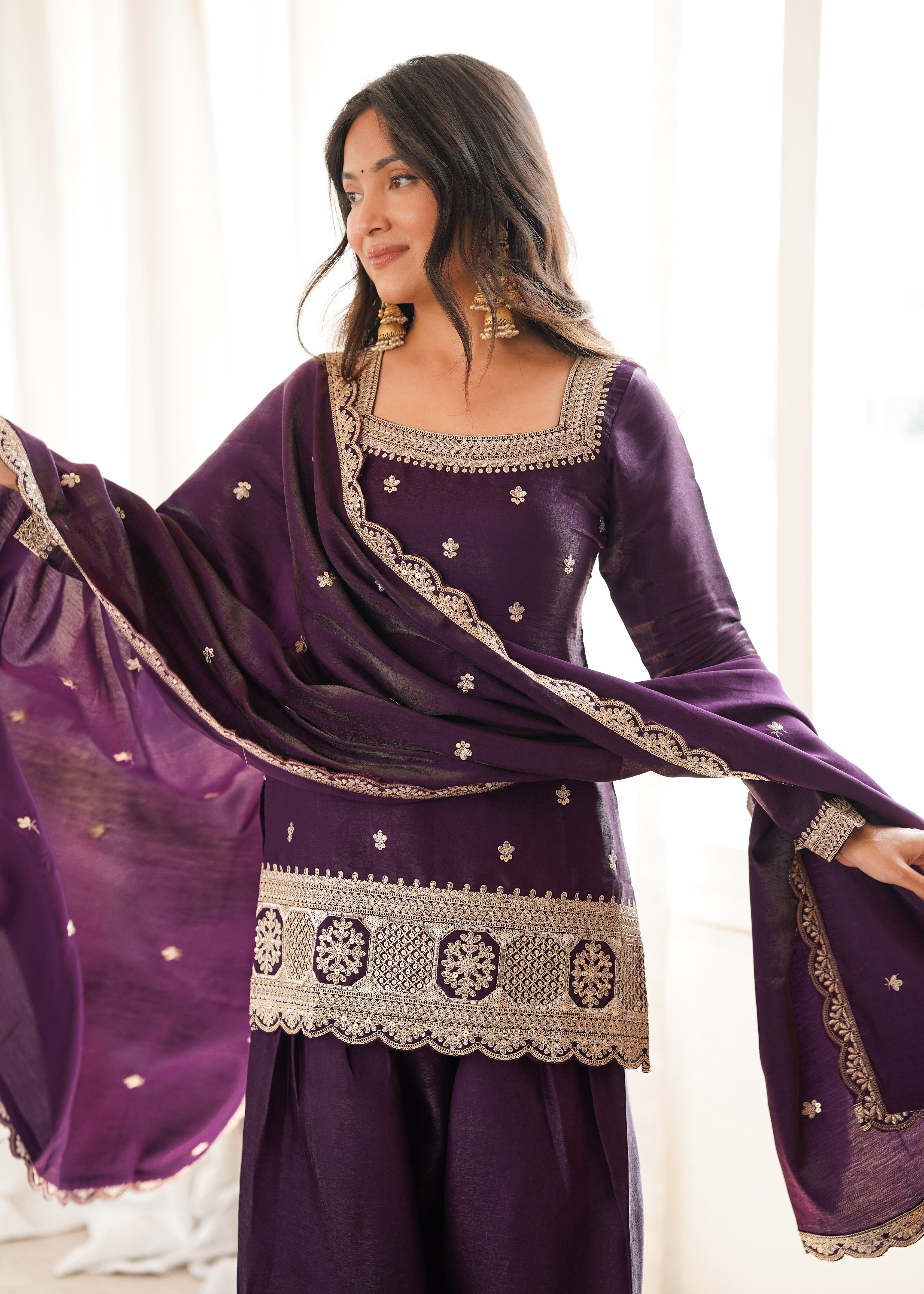 Royal Plum Designer Glass Roman Silk Kurta Set with Farshi Shalwar & Dupatta | NARDEV FASHION | ✨ Wedding Functions ✨ Festive Celebrations ✨ Mehendi & Sangeet ✨ Family Gatherings ✨ Traditional Occasions ✨ Party Wear