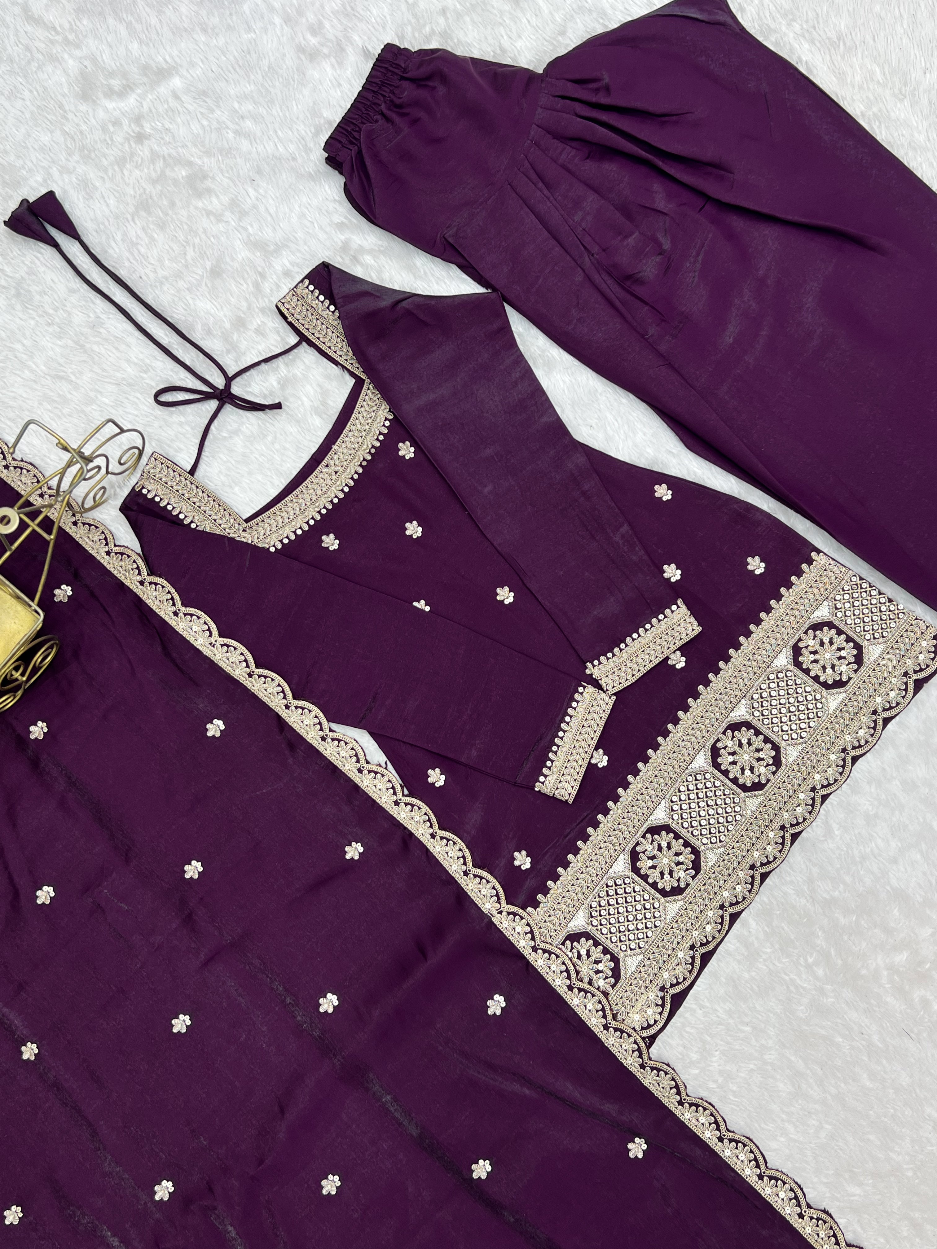 Royal Plum Designer Glass Roman Silk Kurta Set with Farshi Shalwar & Dupatta | NARDEV FASHION | ✨ Wedding Functions ✨ Festive Celebrations ✨ Mehendi & Sangeet ✨ Family Gatherings ✨ Traditional Occasions ✨ Party Wear