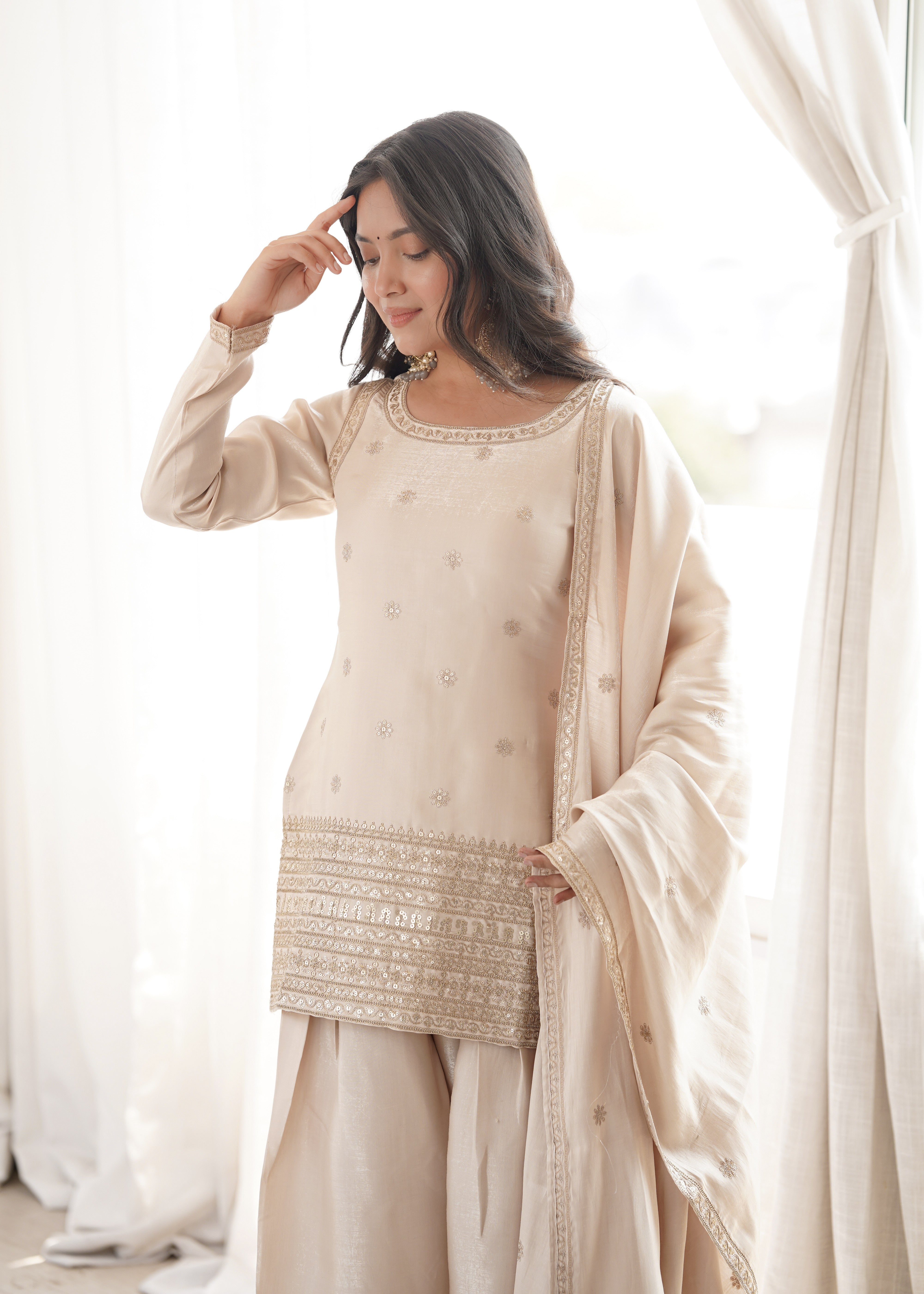 Champagne Beige Glass Roman Silk Kurta Set with Farshi Shalwar & Dupatta | NARDEV FASHION