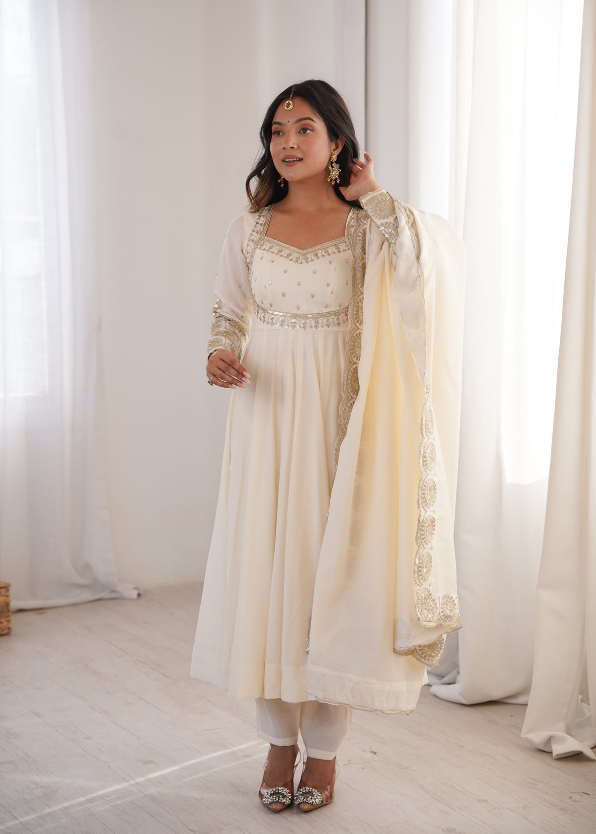 Ivory Roman Silk Embroidered Anarkali Gown Set with Chanderi Dupatta