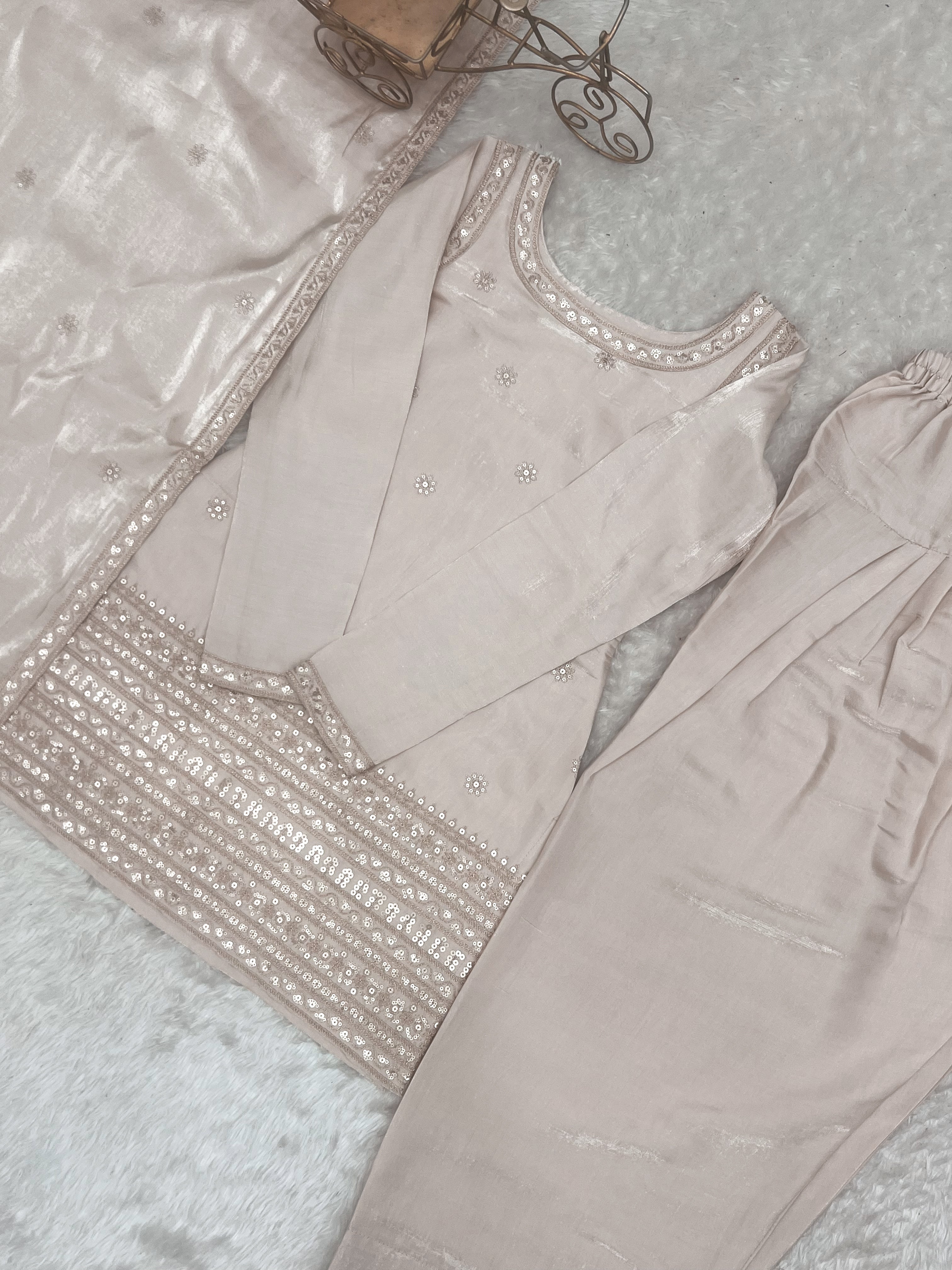 Champagne Beige Glass Roman Silk Kurta Set with Farshi Shalwar & Dupatta | NARDEV FASHION