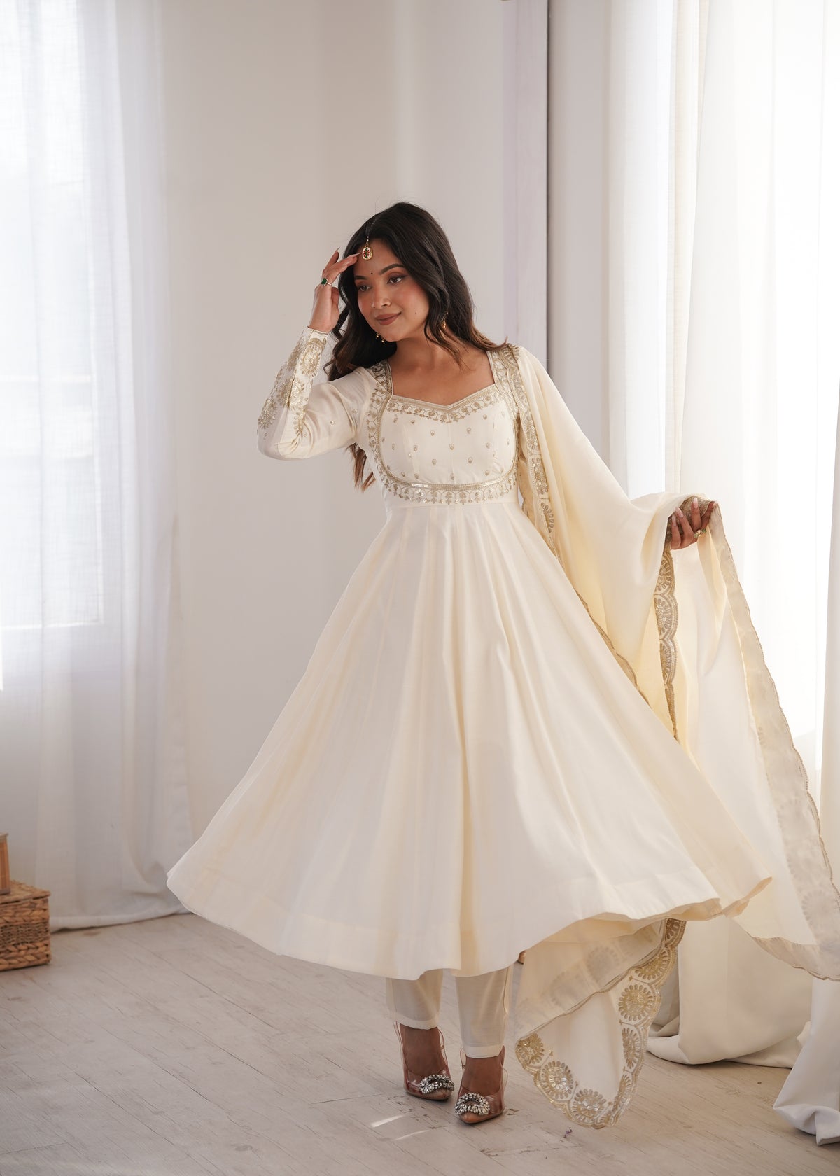 Ivory Roman Silk Embroidered Anarkali Gown Set with Chanderi Dupatta