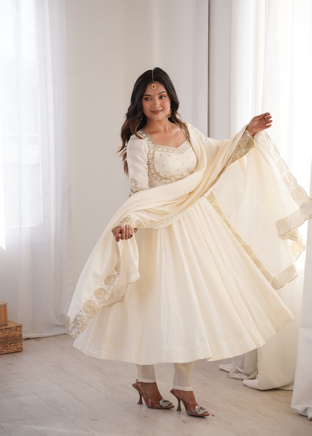 Ivory Roman Silk Embroidered Anarkali Gown Set with Chanderi Dupatta