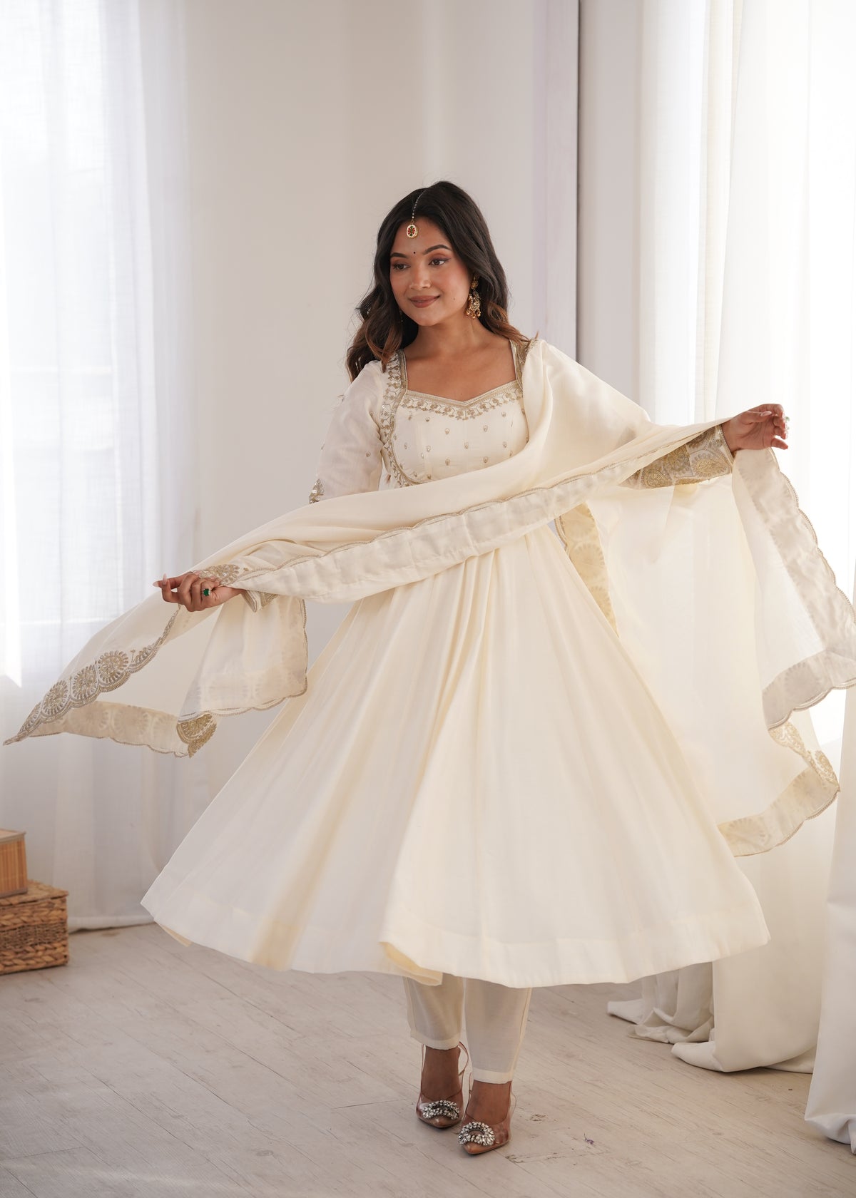 Ivory Roman Silk Embroidered Anarkali Gown Set with Chanderi Dupatta