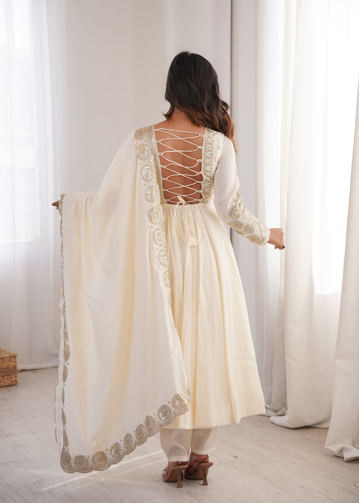 Ivory Roman Silk Embroidered Anarkali Gown Set with Chanderi Dupatta