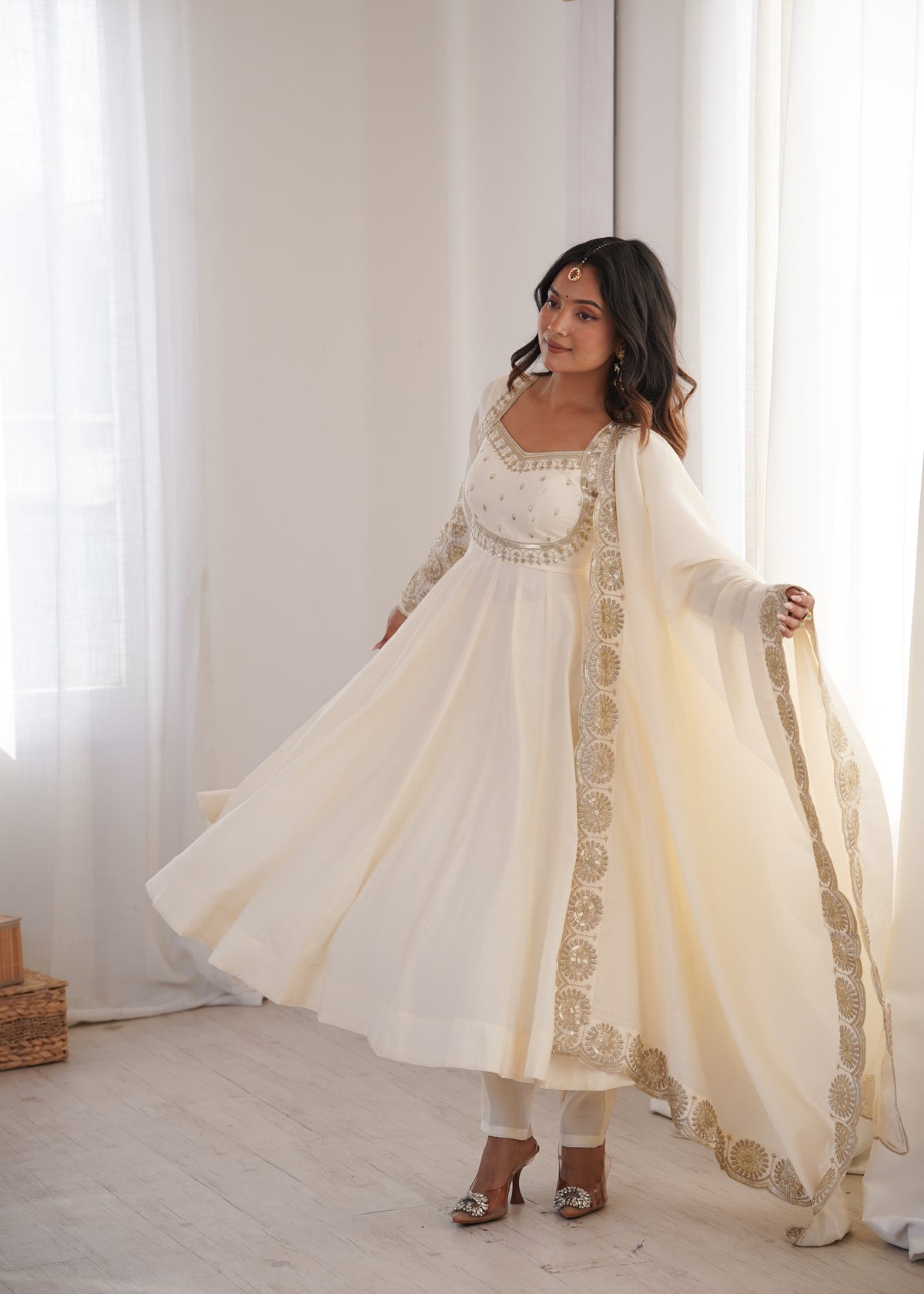 Ivory Roman Silk Embroidered Anarkali Gown Set with Chanderi Dupatta