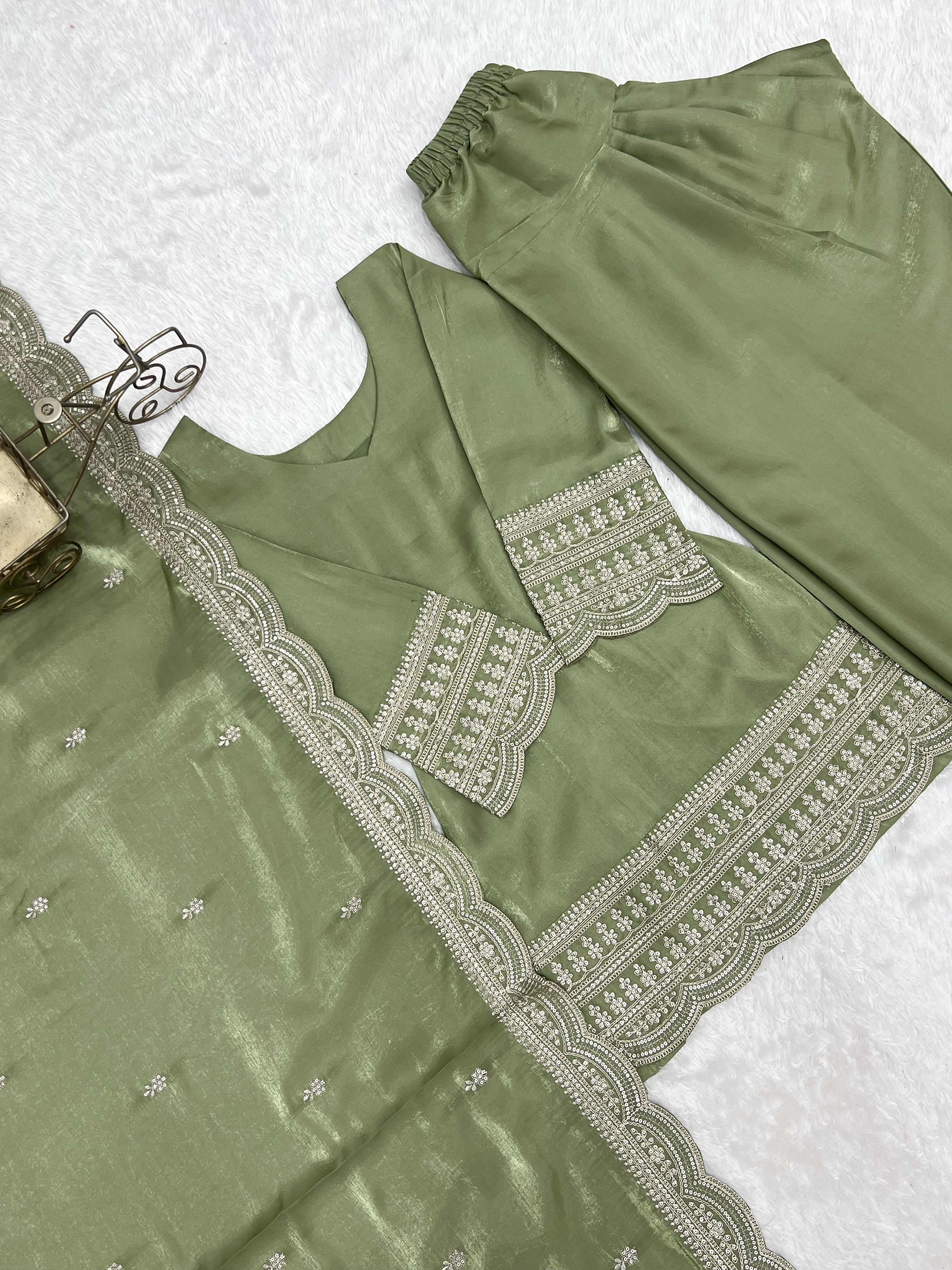 Pistachio Pearl Green Glass Roman Silk Kurta Set with Farshi Shalwar & Dupatta | Festive Wear for Women