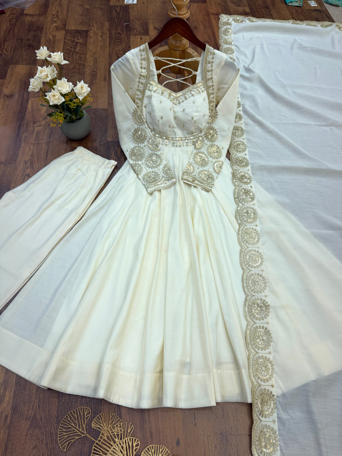 Ivory Roman Silk Embroidered Anarkali Gown Set with Chanderi Dupatta