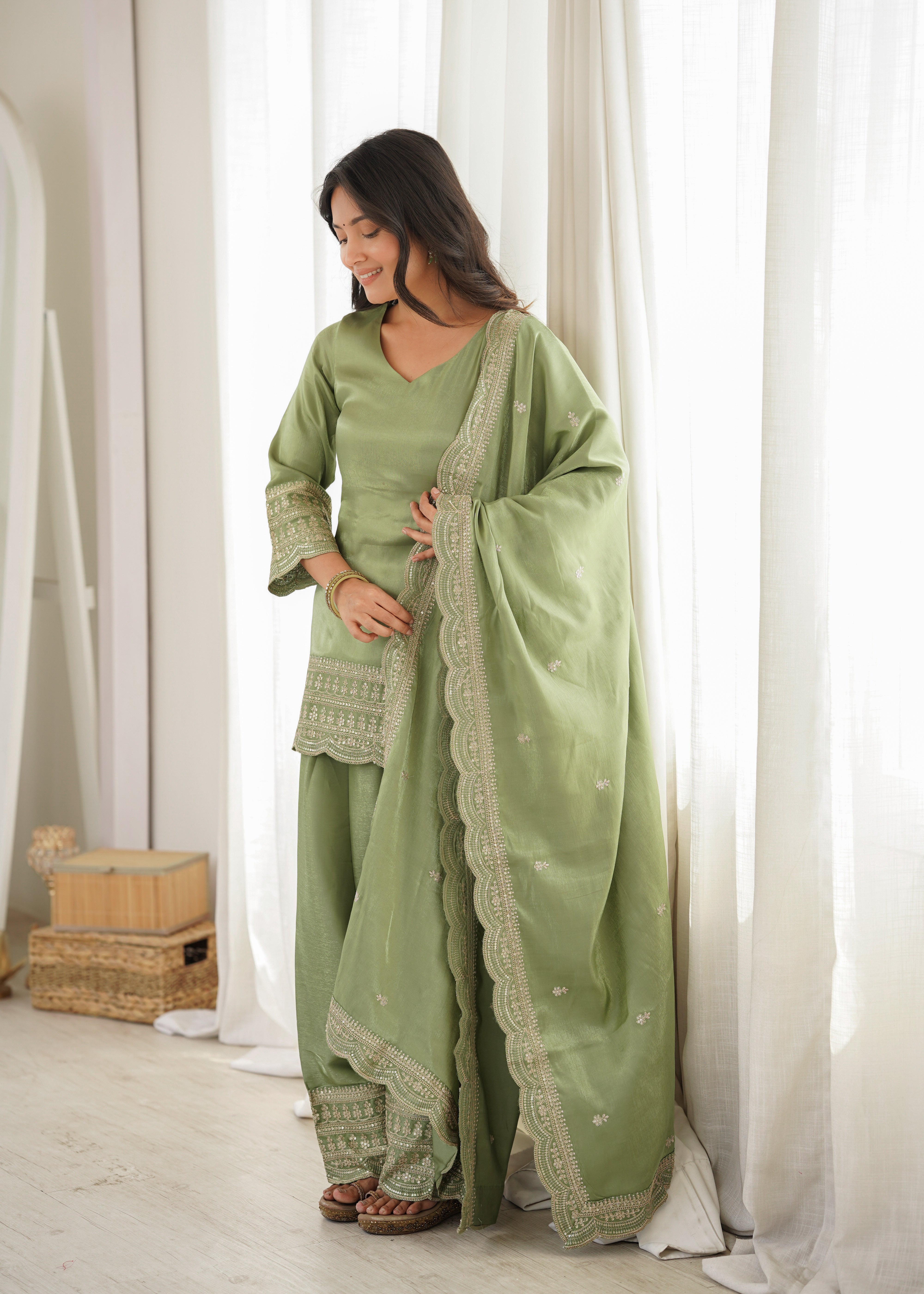 Pistachio Pearl Green Glass Roman Silk Kurta Set with Farshi Shalwar & Dupatta | Festive Wear for Women
