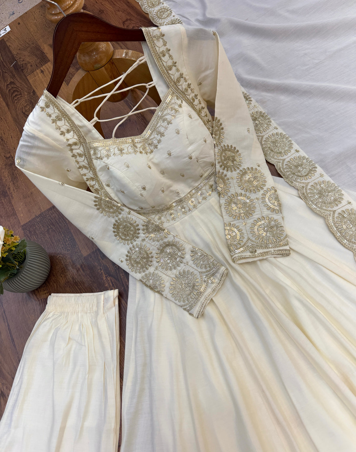 Ivory Roman Silk Embroidered Anarkali Gown Set with Chanderi Dupatta