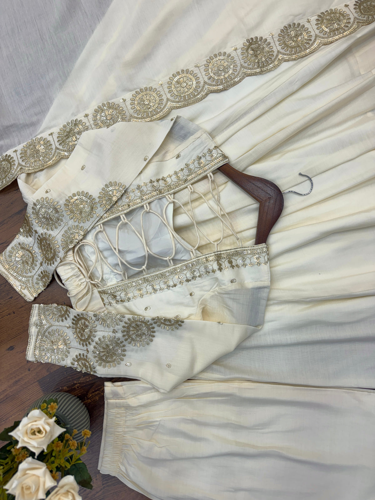 Ivory Roman Silk Embroidered Anarkali Gown Set with Chanderi Dupatta