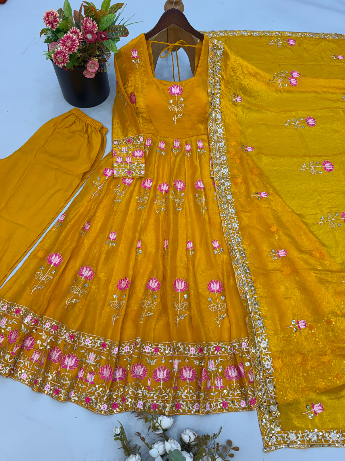 Mustard Yellow Fendy Silk Embroidered Anarkali Gown Set with Dupatta