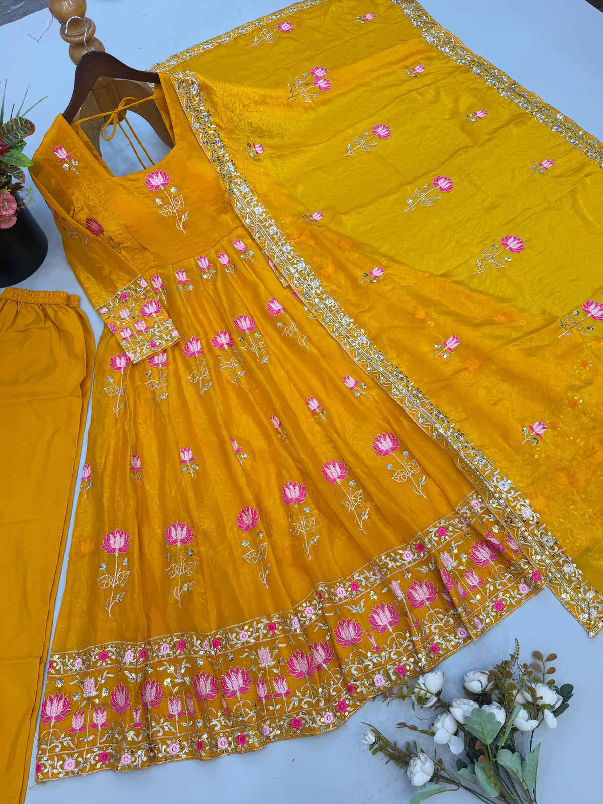 Mustard Yellow Fendy Silk Embroidered Anarkali Gown Set with Dupatta