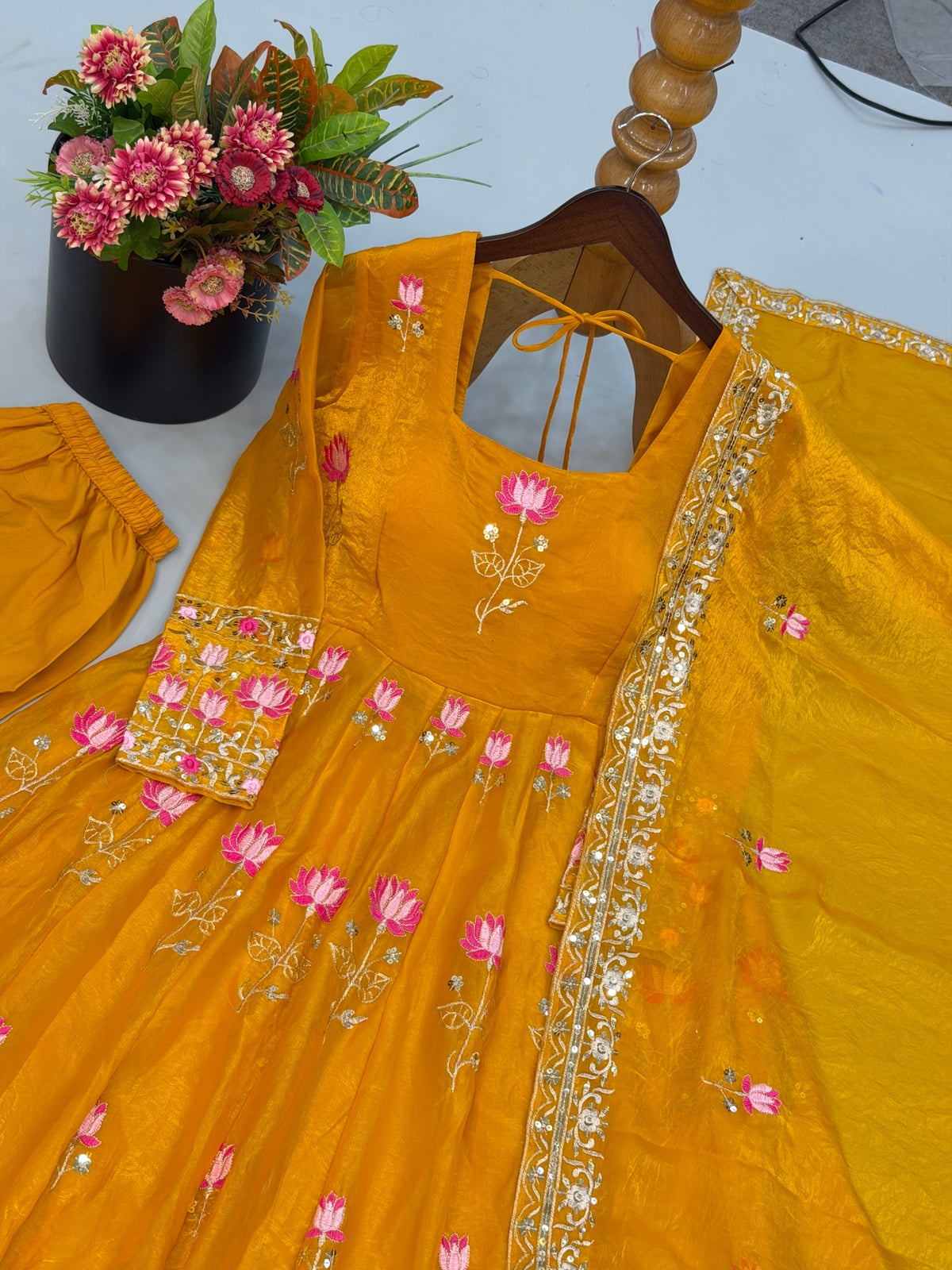 Mustard Yellow Fendy Silk Embroidered Anarkali Gown Set with Dupatta