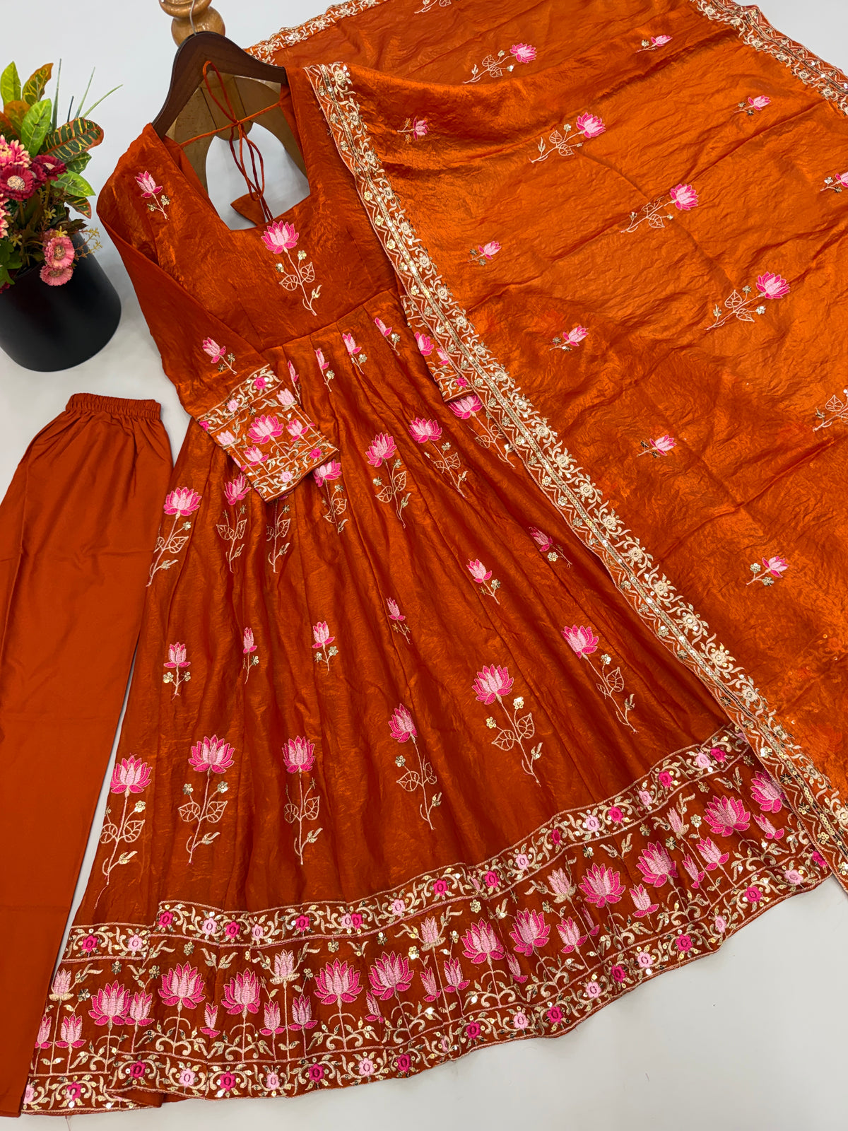 Rust Orange Fendy Silk Floral Embroidered Anarkali Gown Set with Dupatta