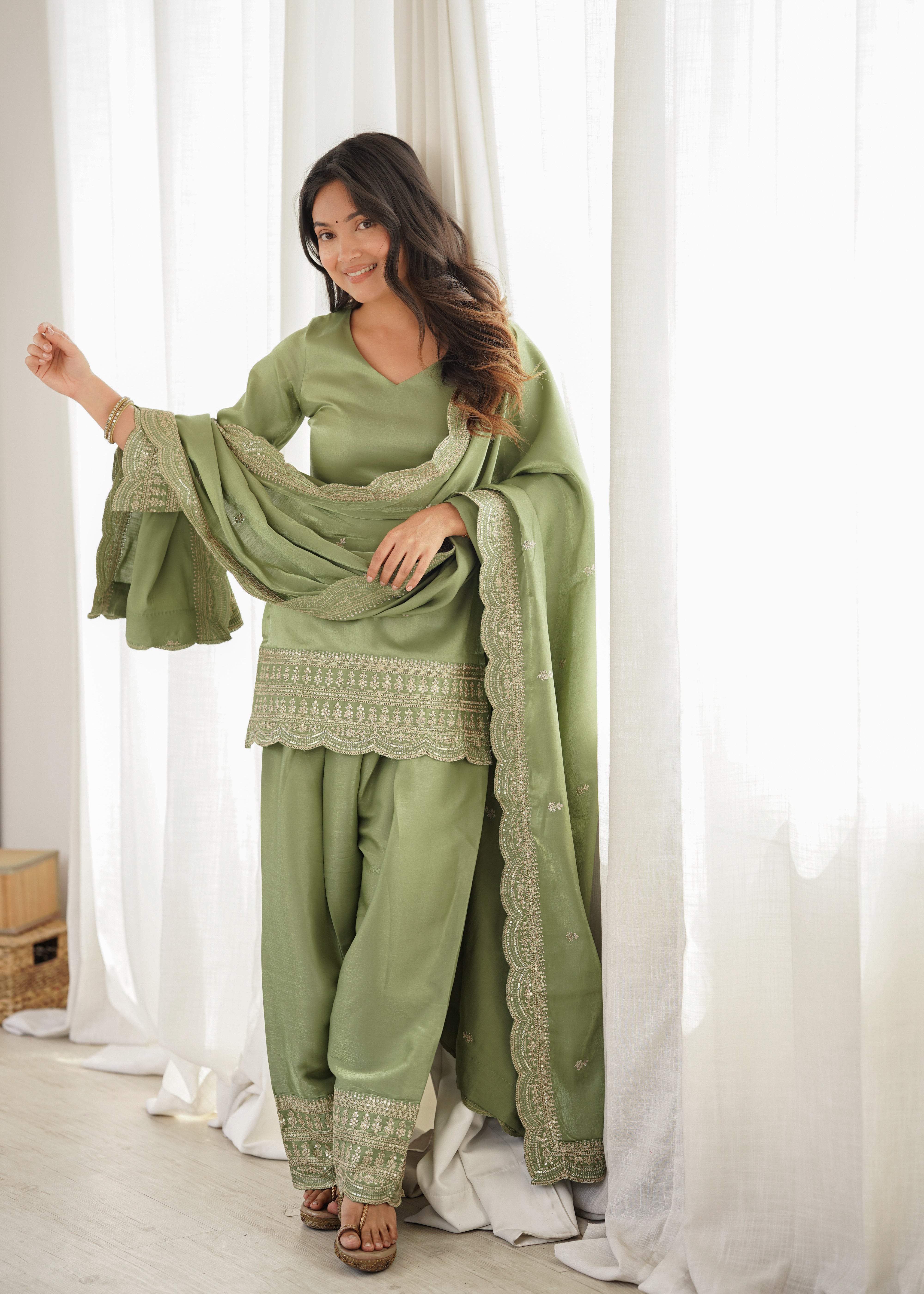 Pistachio Pearl Green Glass Roman Silk Kurta Set with Farshi Shalwar & Dupatta | Festive Wear for Women