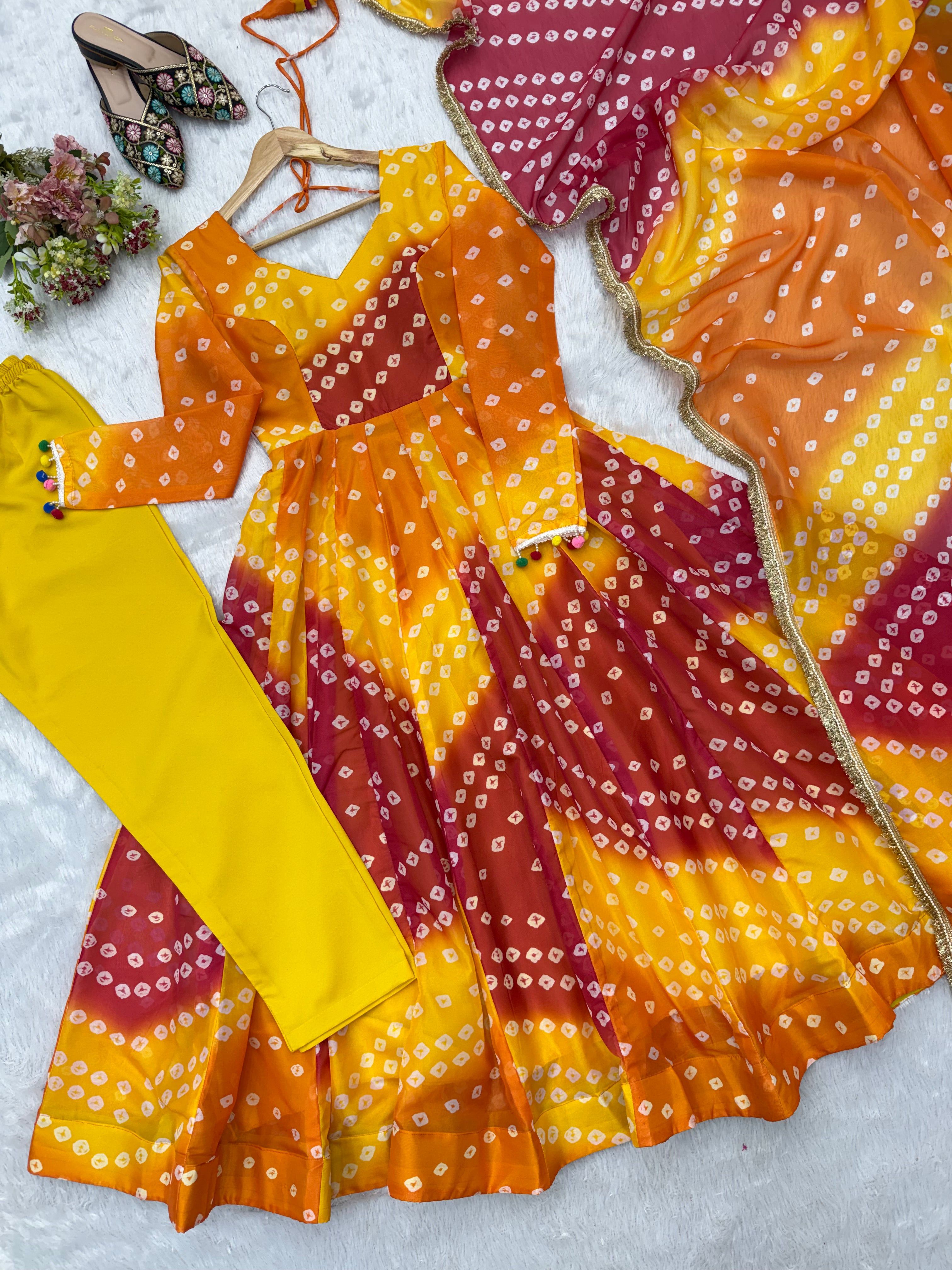 Sunset Orange Bandhani Printed Organza Anarkali Gown Set with Dupatta & Pant