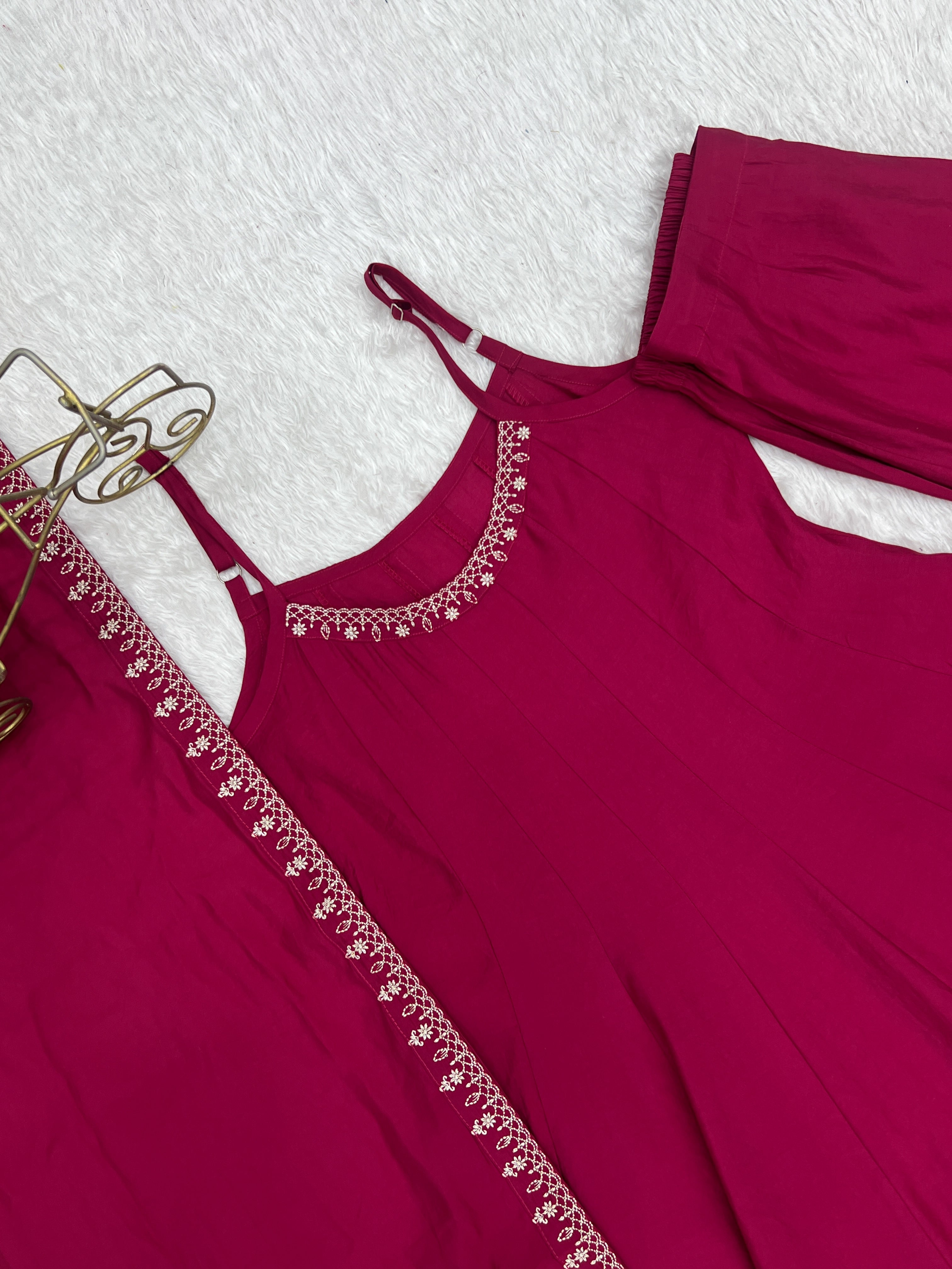 Rani Pink Pure Roman Silk Chanderi Anarkali Set with Dupatta | Nardev Fashion