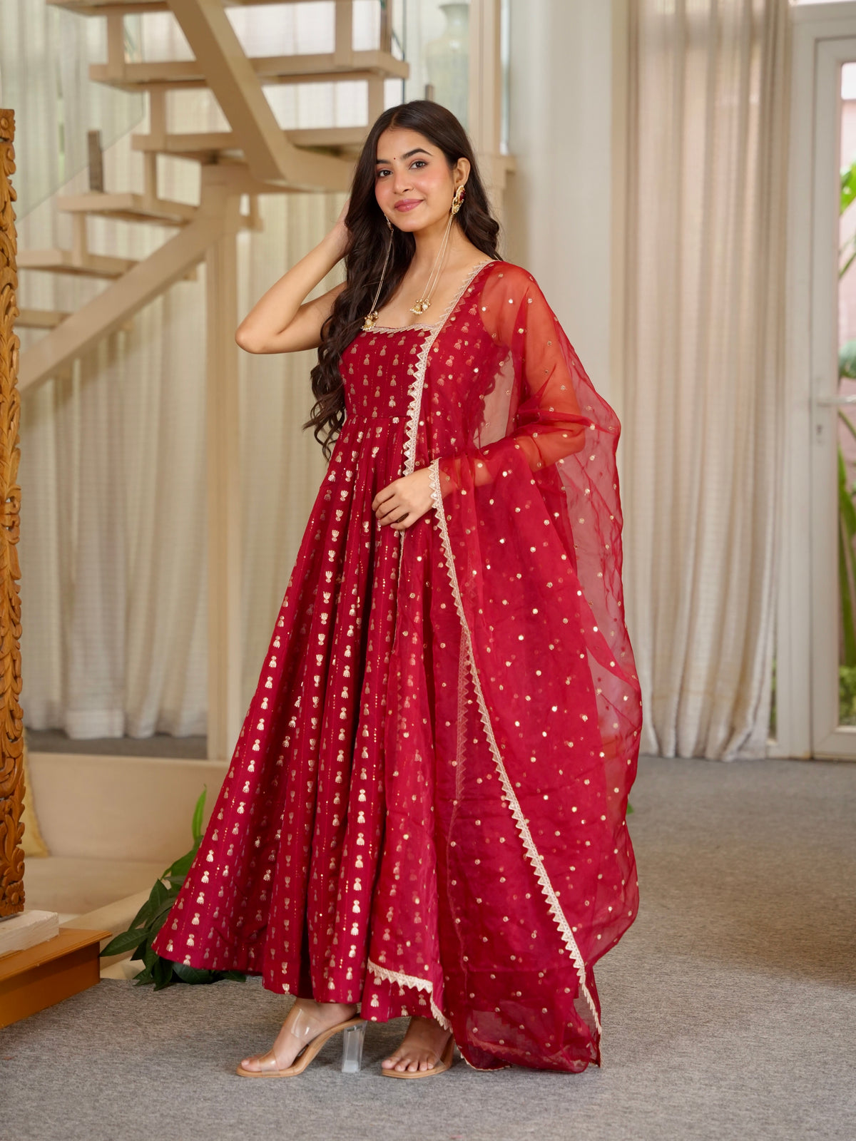 Ruby Red Chinon Anarkali Gown Set with Sequin Embroidery & Dupatta