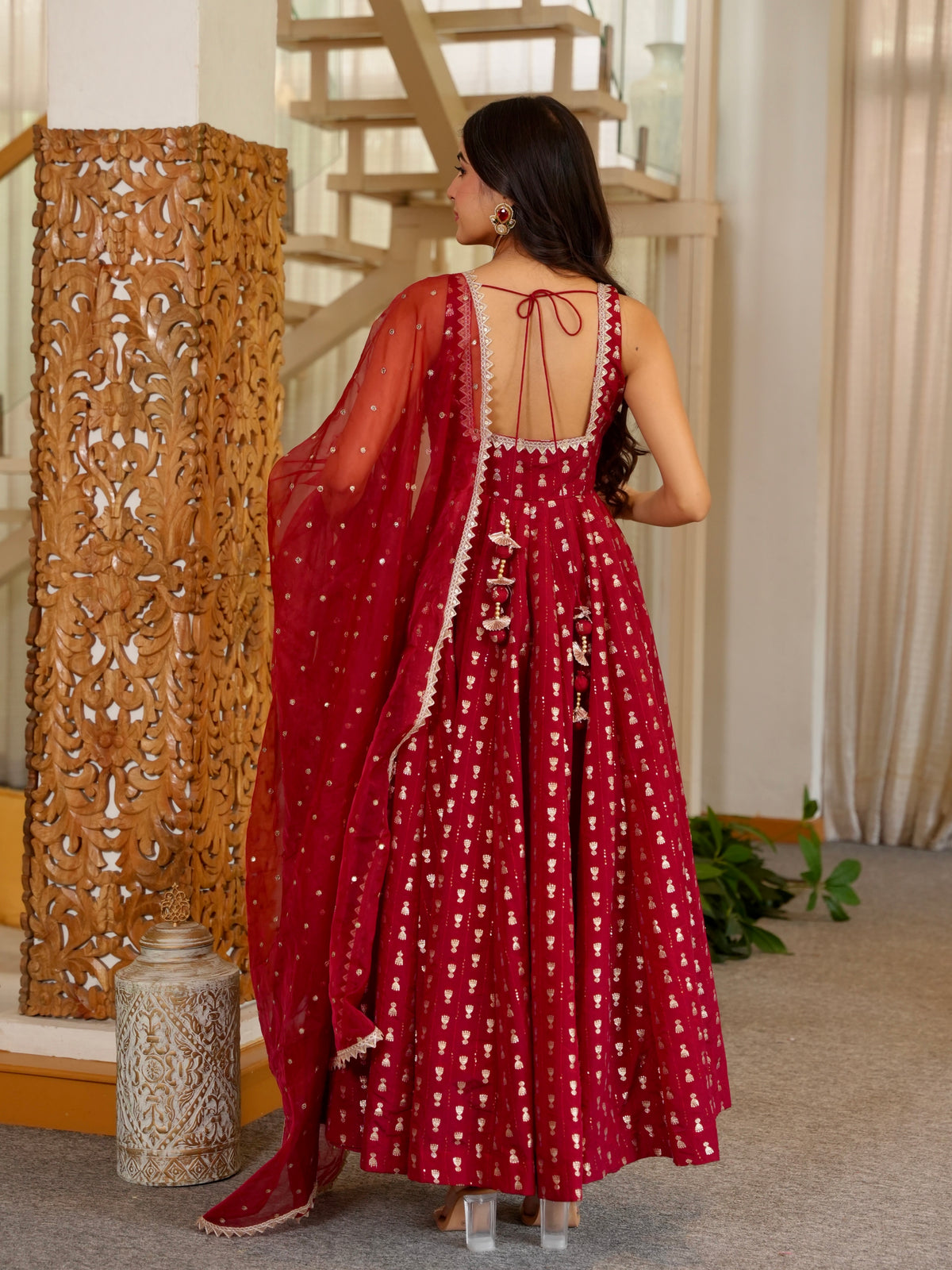 Ruby Red Chinon Anarkali Gown Set with Sequin Embroidery & Dupatta