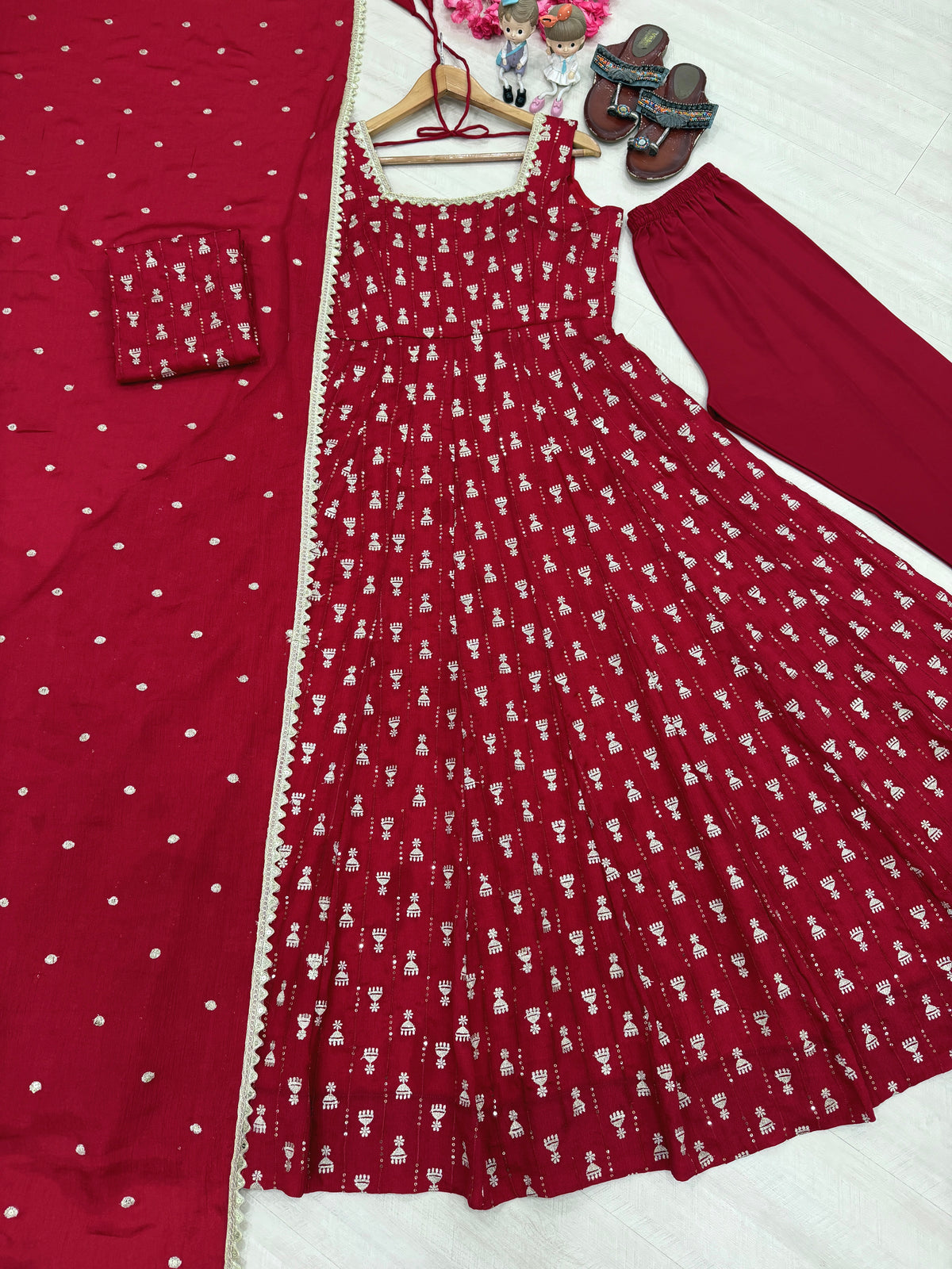 Ruby Red Chinon Anarkali Gown Set with Sequin Embroidery & Dupatta