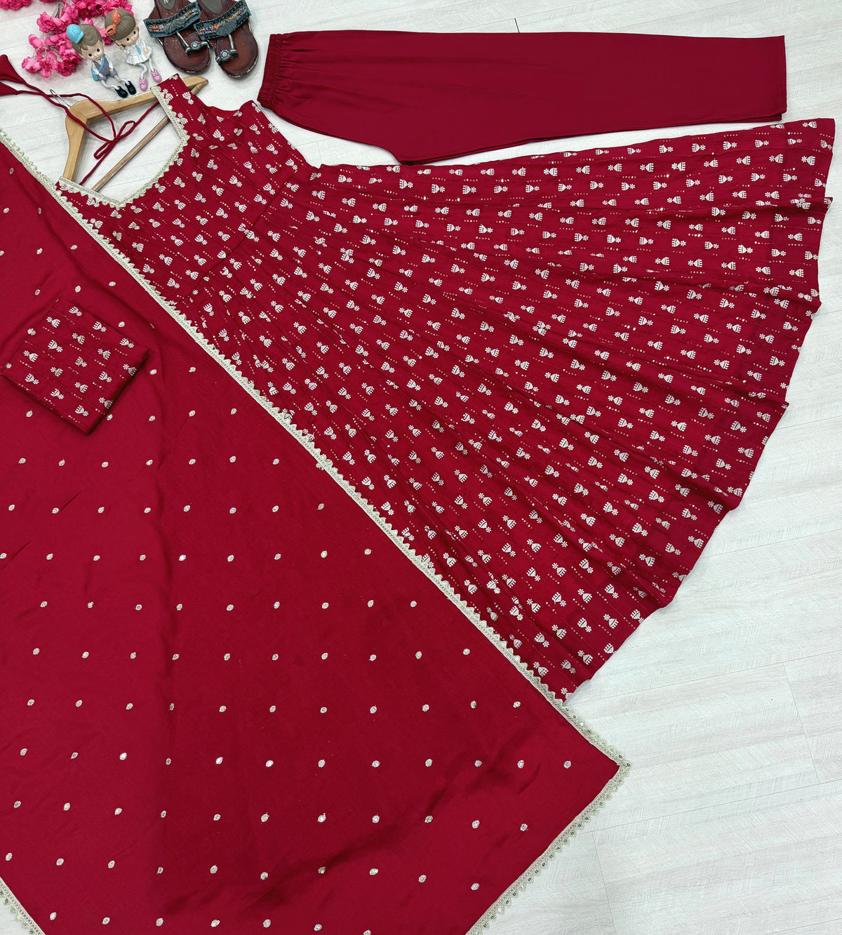 Ruby Red Chinon Anarkali Gown Set with Sequin Embroidery & Dupatta