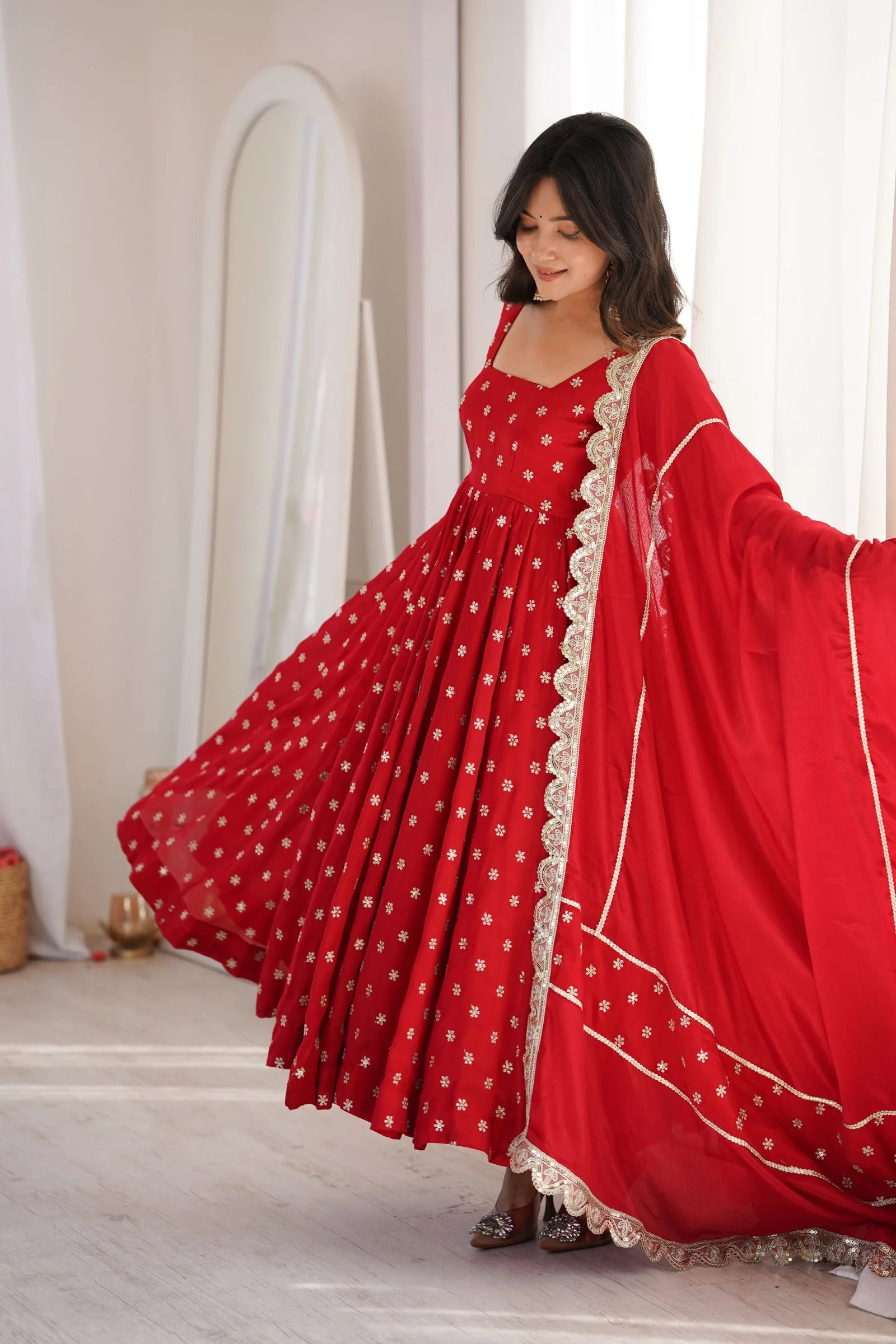 Ruby Red Chinon Silk Anarkali Suit Set with Zari & Sequins Embroidery Dupatta
