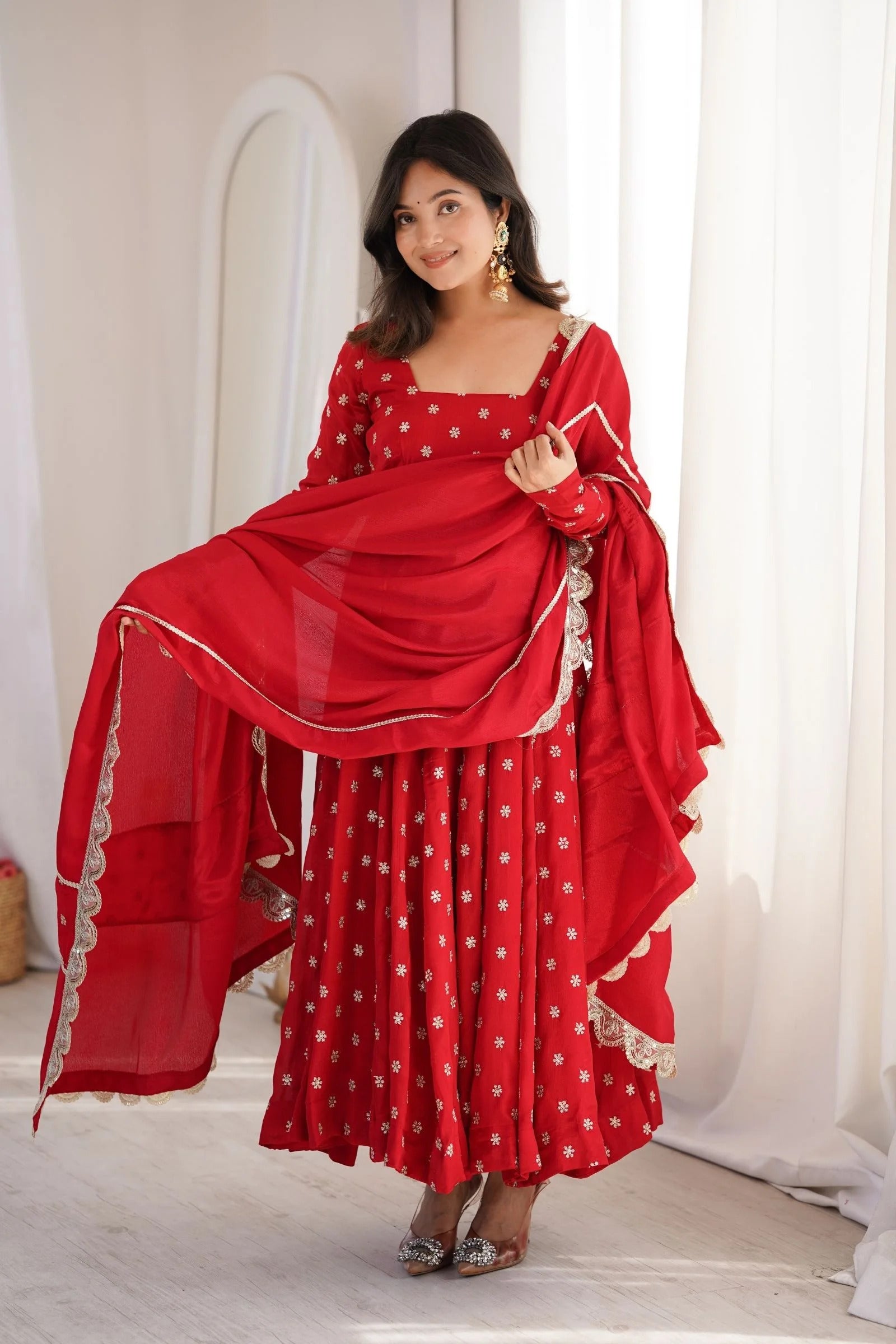 Ruby Red Chinon Silk Anarkali Suit Set with Zari & Sequins Embroidery Dupatta