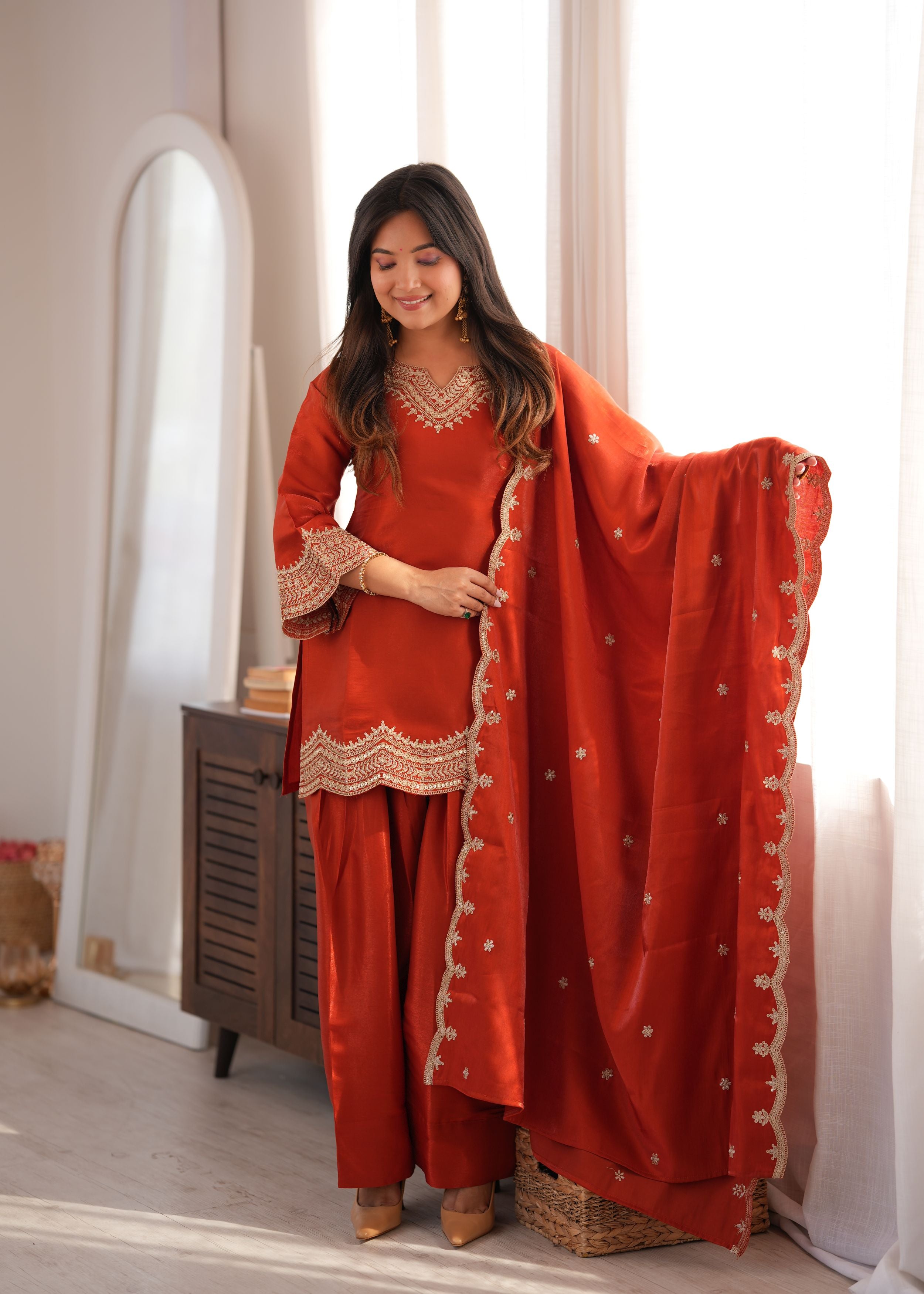 Burnt Orange Glass Roman Silk Embroidered Kurta Set with Farshi Shalwar & Shawl Dupatta | Ready to Wear