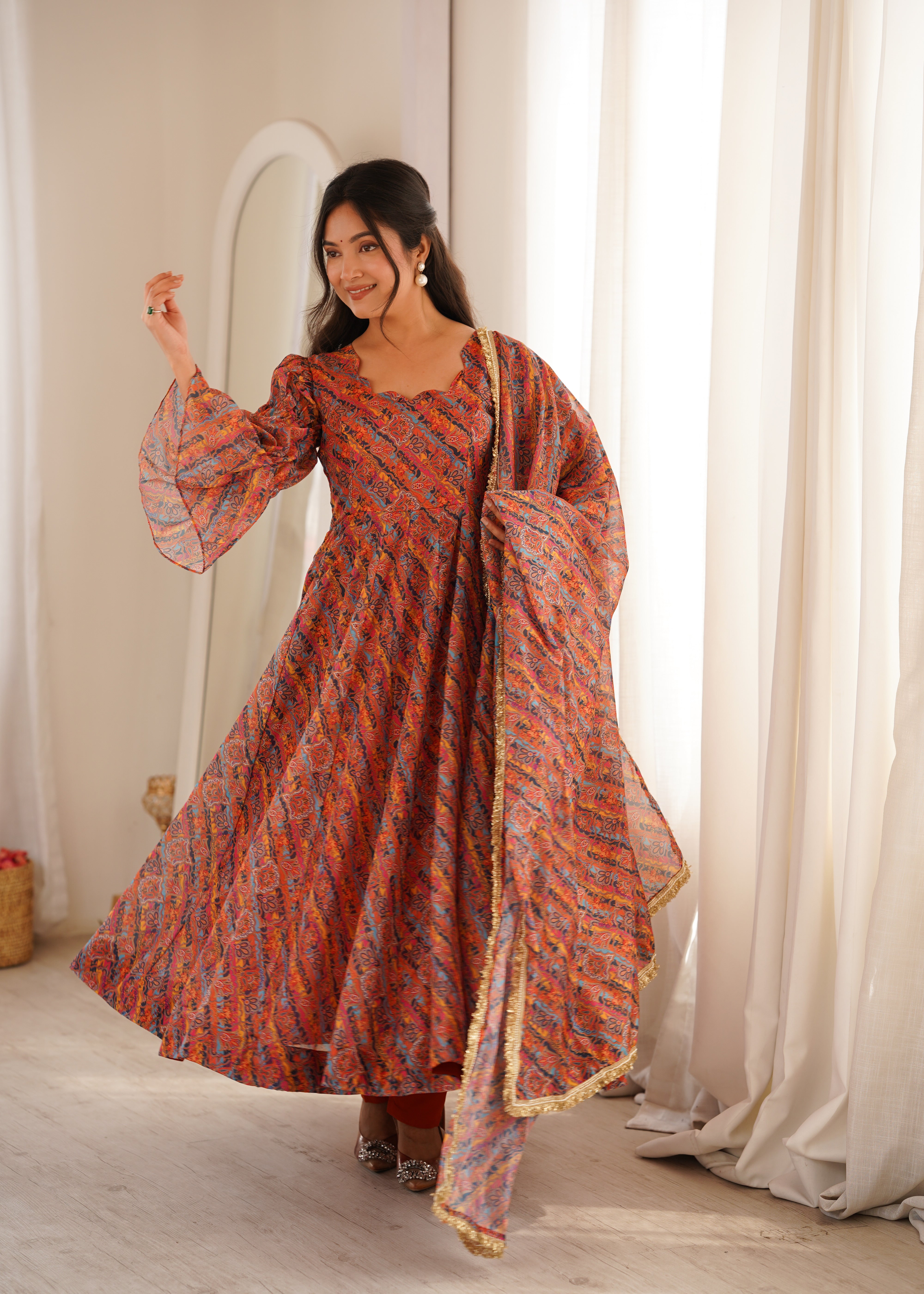Rust Orange Printed Tebi Organza Puff Sleeve Anarkali Gown Set with Dupatta & Pant
