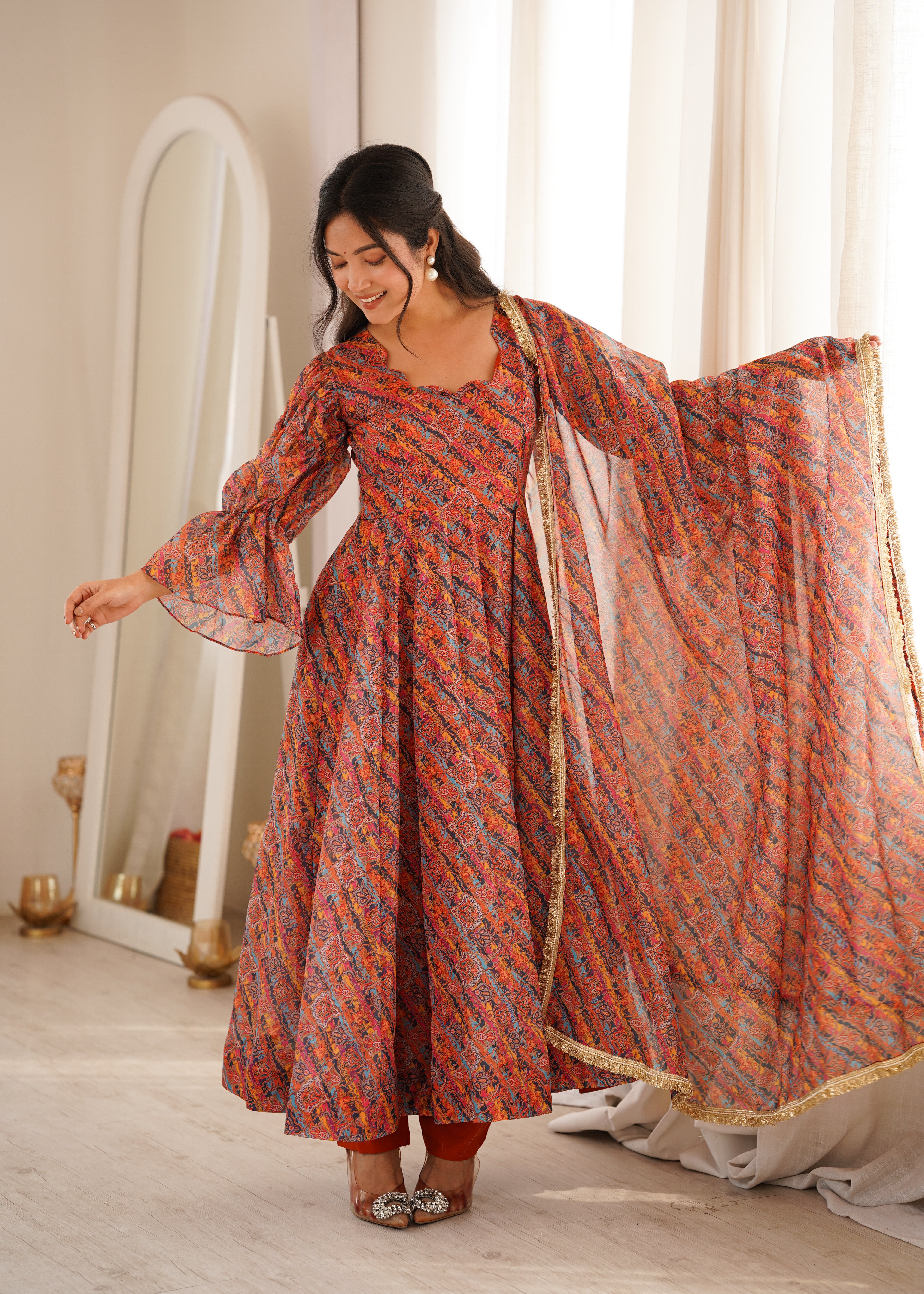 Rust Orange Printed Tebi Organza Puff Sleeve Anarkali Gown Set with Dupatta & Pant
