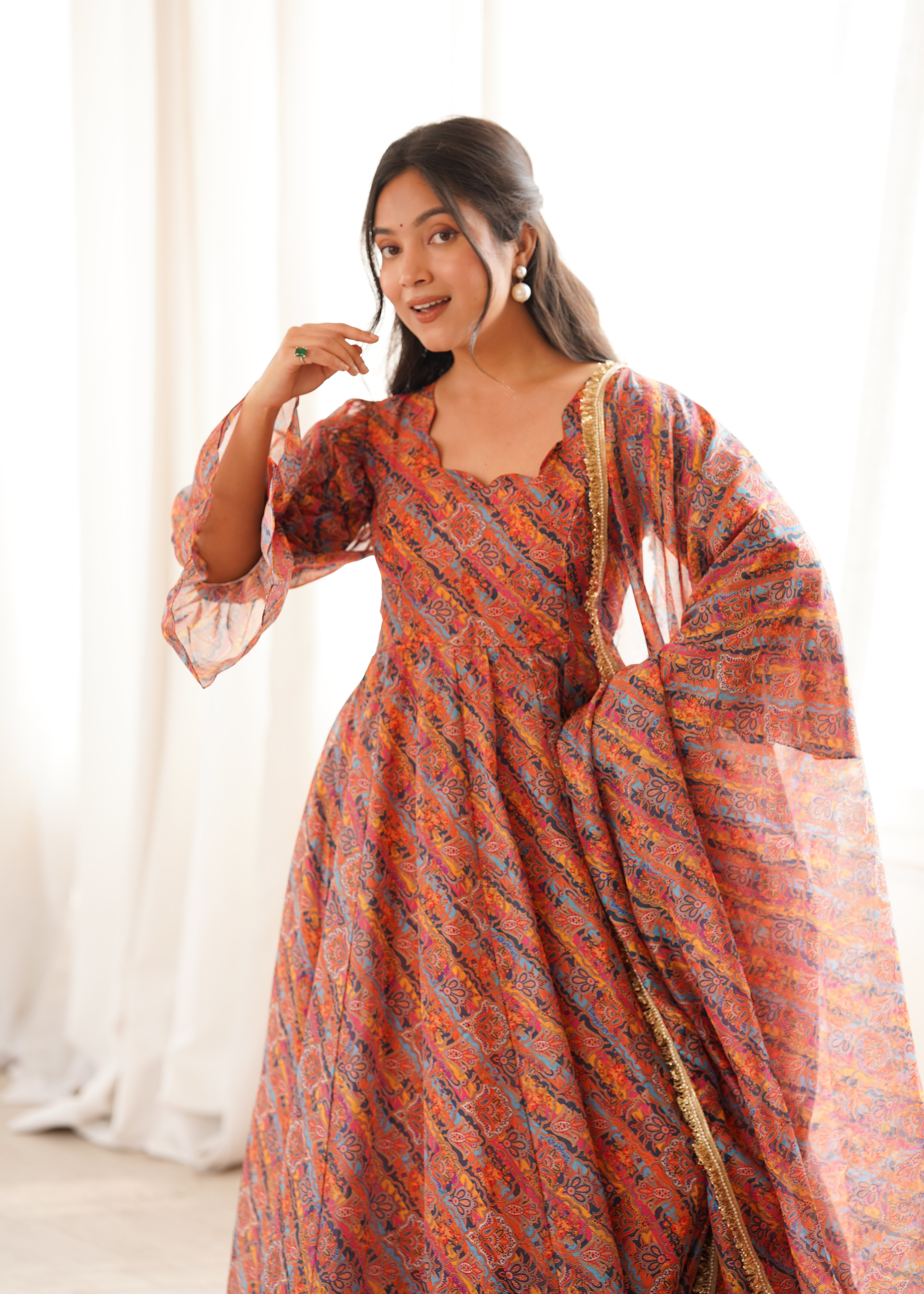 Rust Orange Printed Tebi Organza Puff Sleeve Anarkali Gown Set with Dupatta & Pant