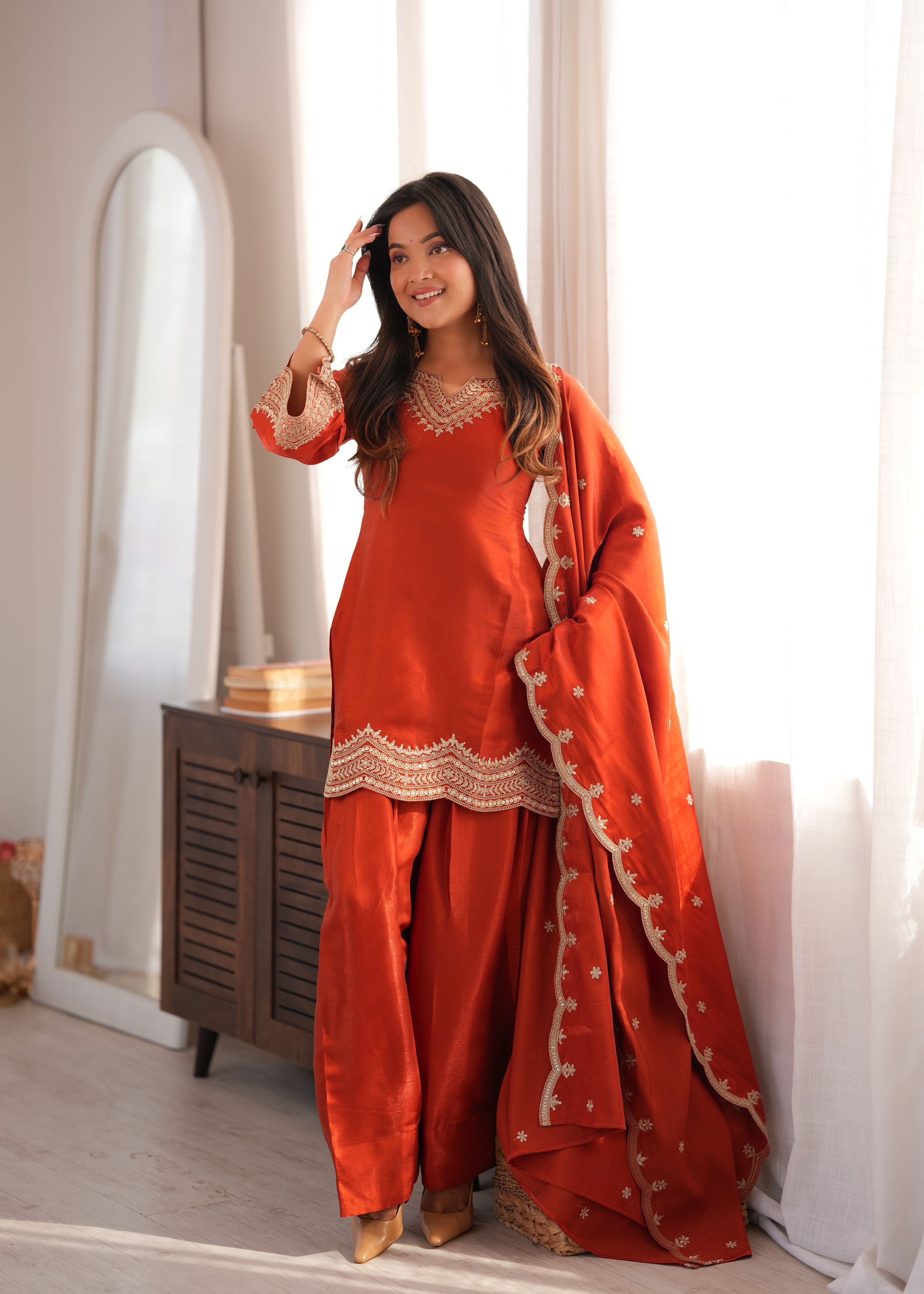 Burnt Orange Glass Roman Silk Embroidered Kurta Set with Farshi Shalwar & Shawl Dupatta | Ready to Wear