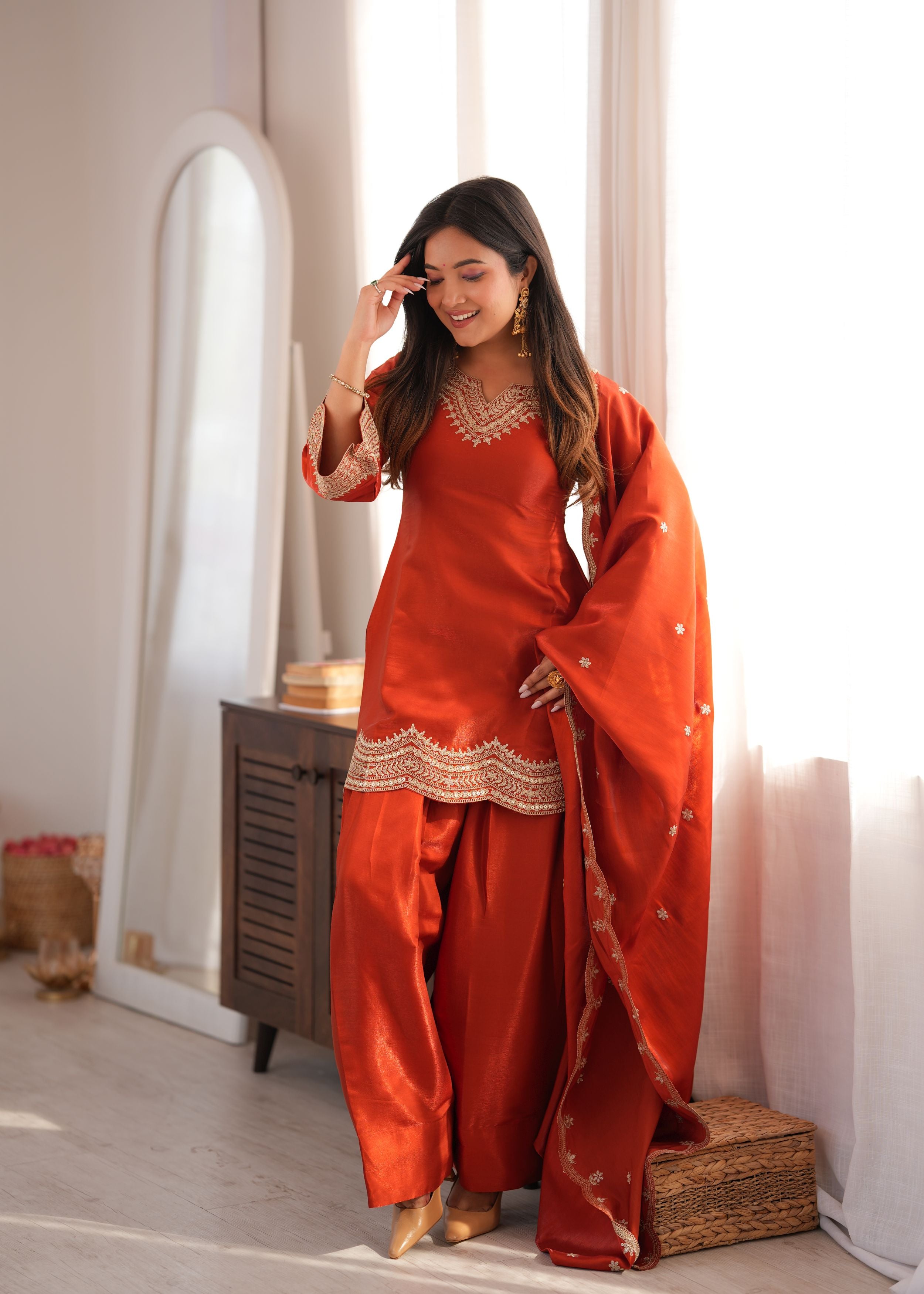 Burnt Orange Glass Roman Silk Embroidered Kurta Set with Farshi Shalwar & Shawl Dupatta | Ready to Wear