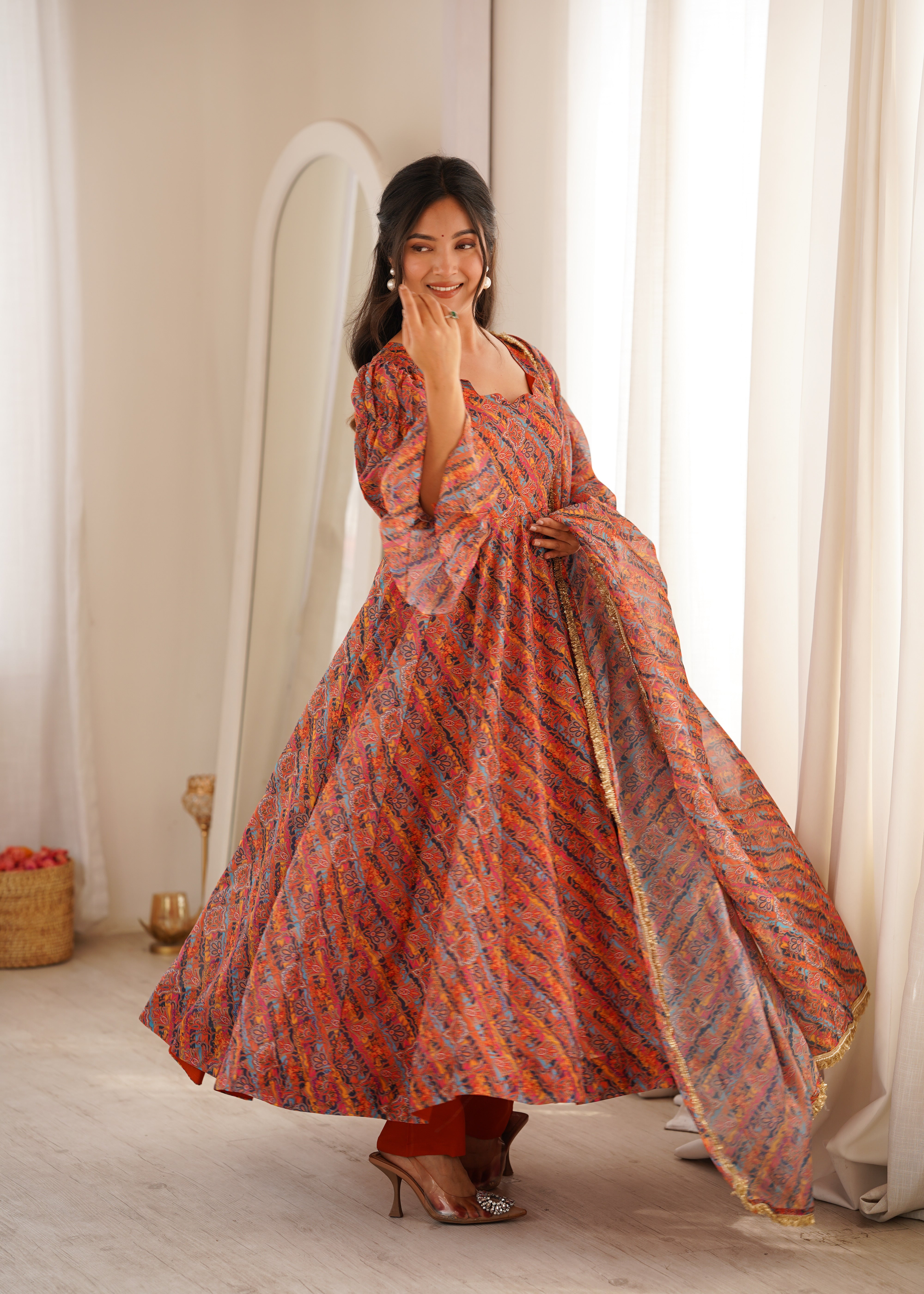 Rust Orange Printed Tebi Organza Puff Sleeve Anarkali Gown Set with Dupatta & Pant