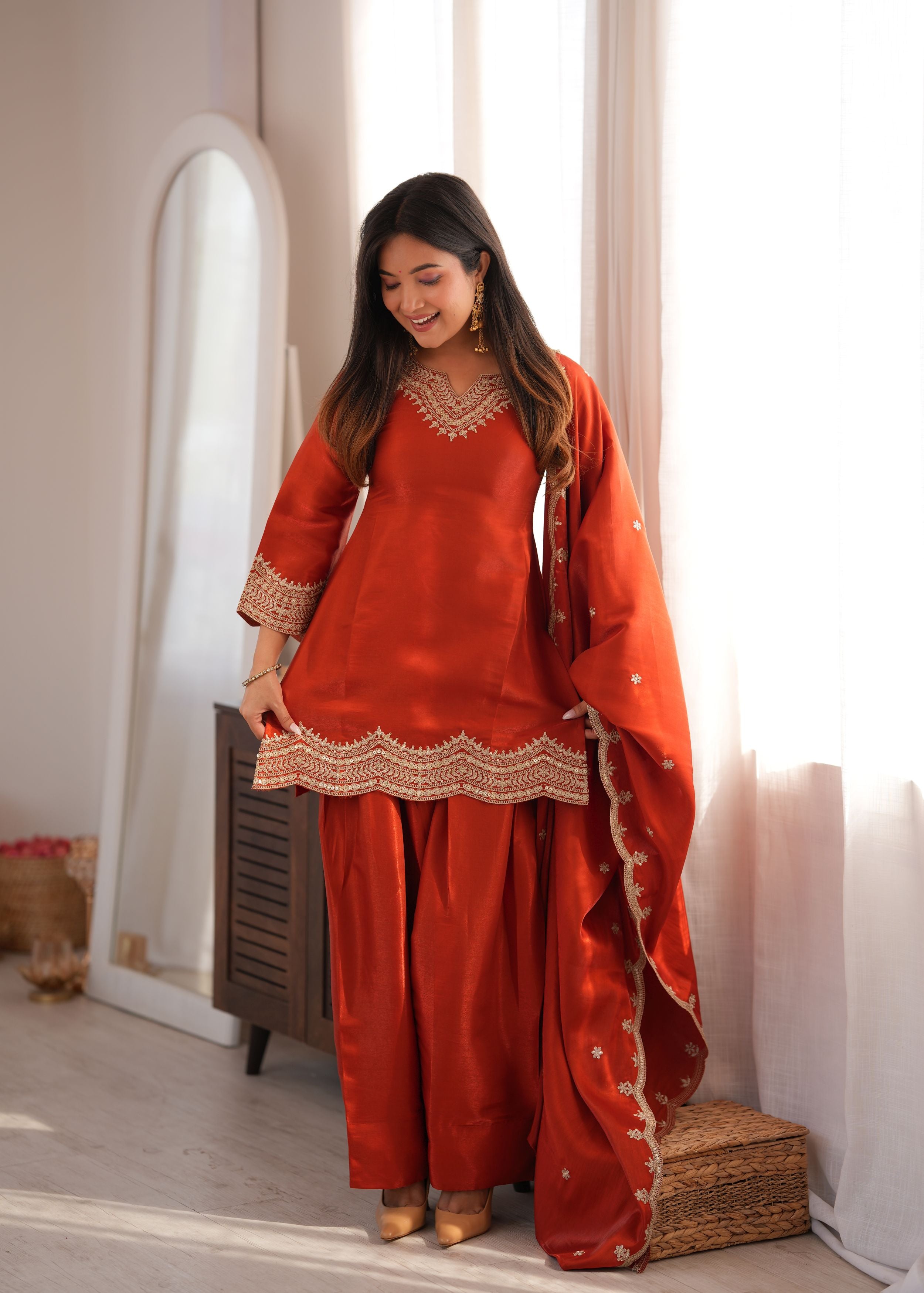 Burnt Orange Glass Roman Silk Embroidered Kurta Set with Farshi Shalwar & Shawl Dupatta | Ready to Wear