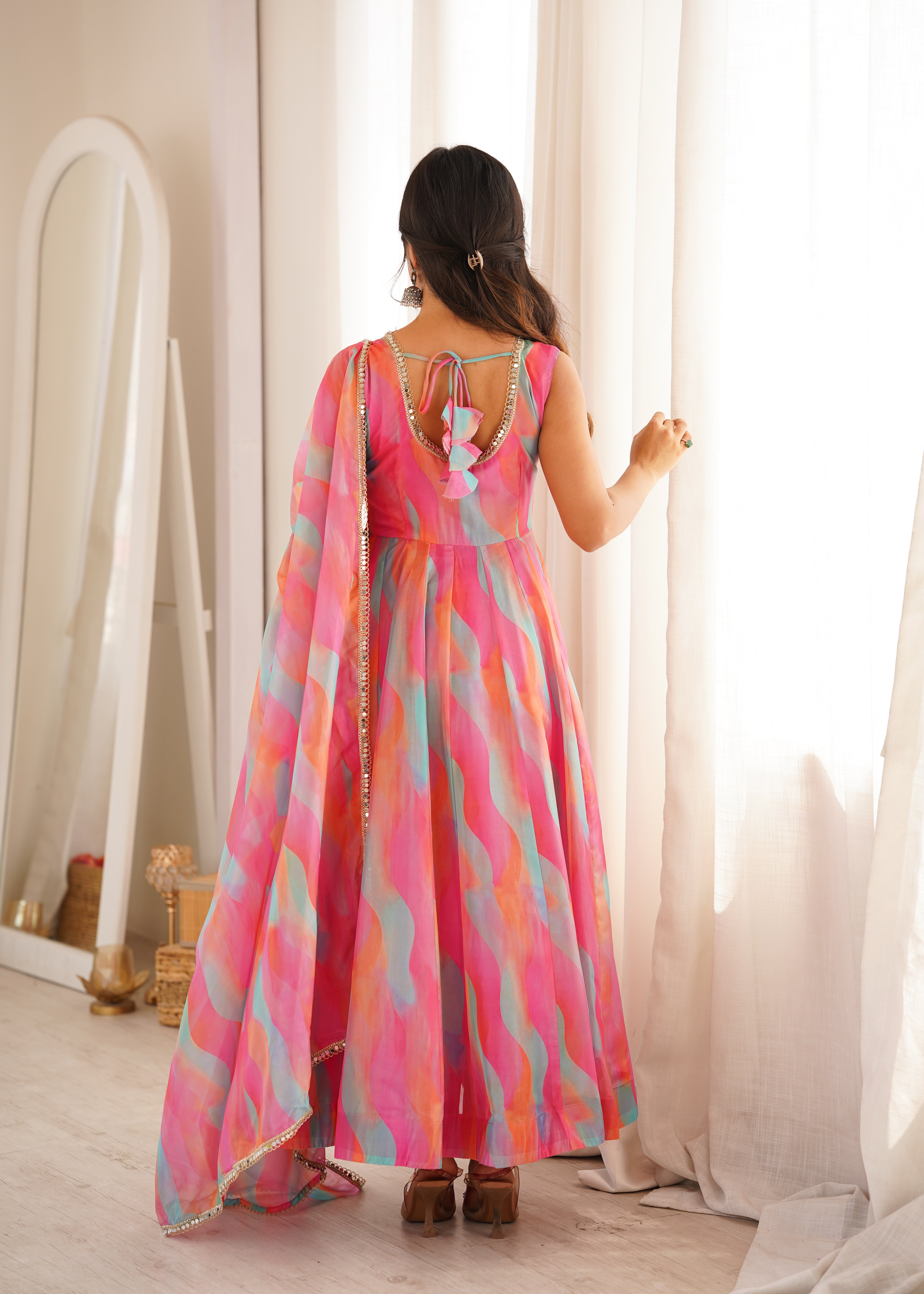 Candy Pink Abstract Printed Tebi Organza Anarkali Gown Set with Mirror Lace Dupatta