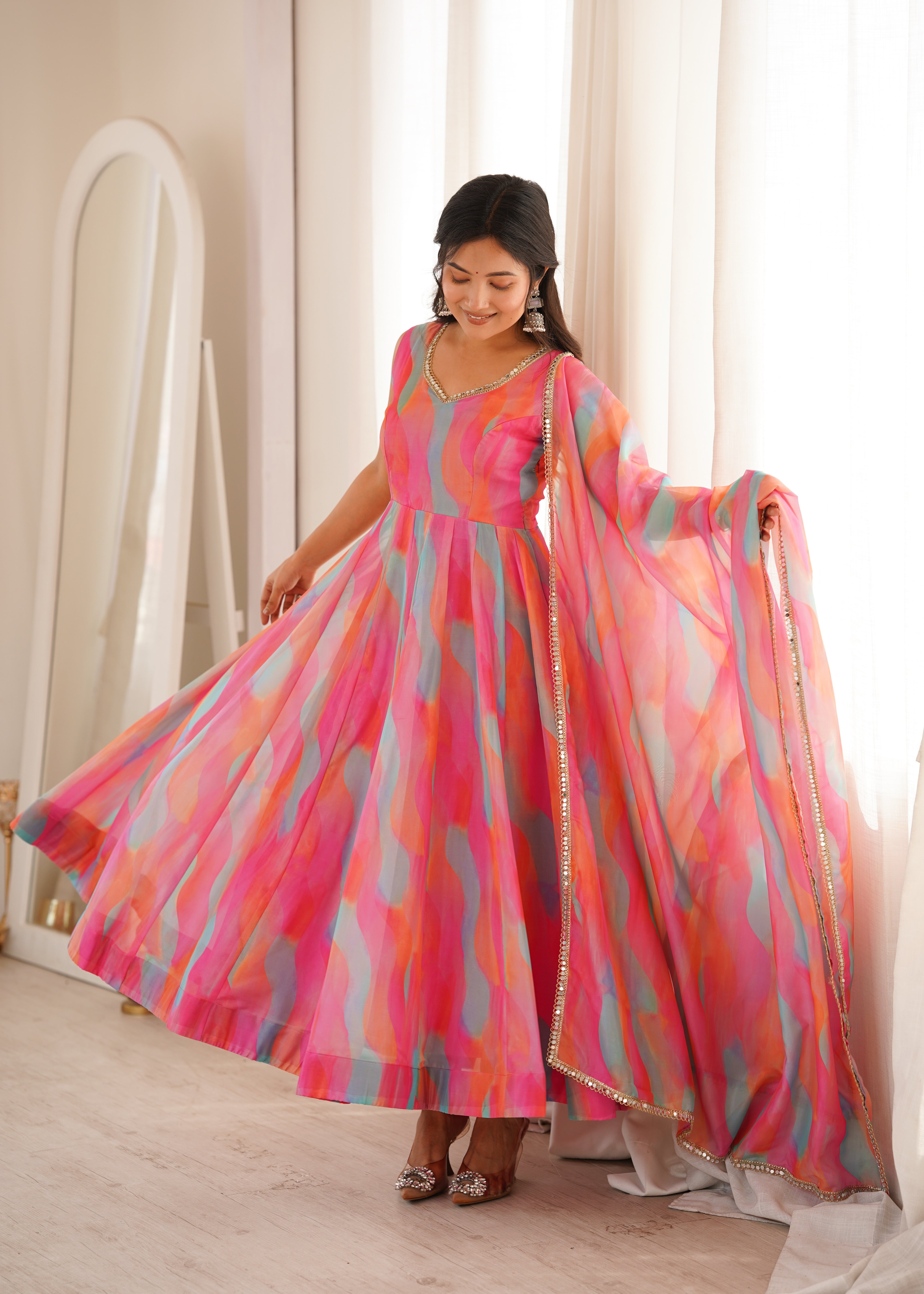 Candy Pink Abstract Printed Tebi Organza Anarkali Gown Set with Mirror Lace Dupatta