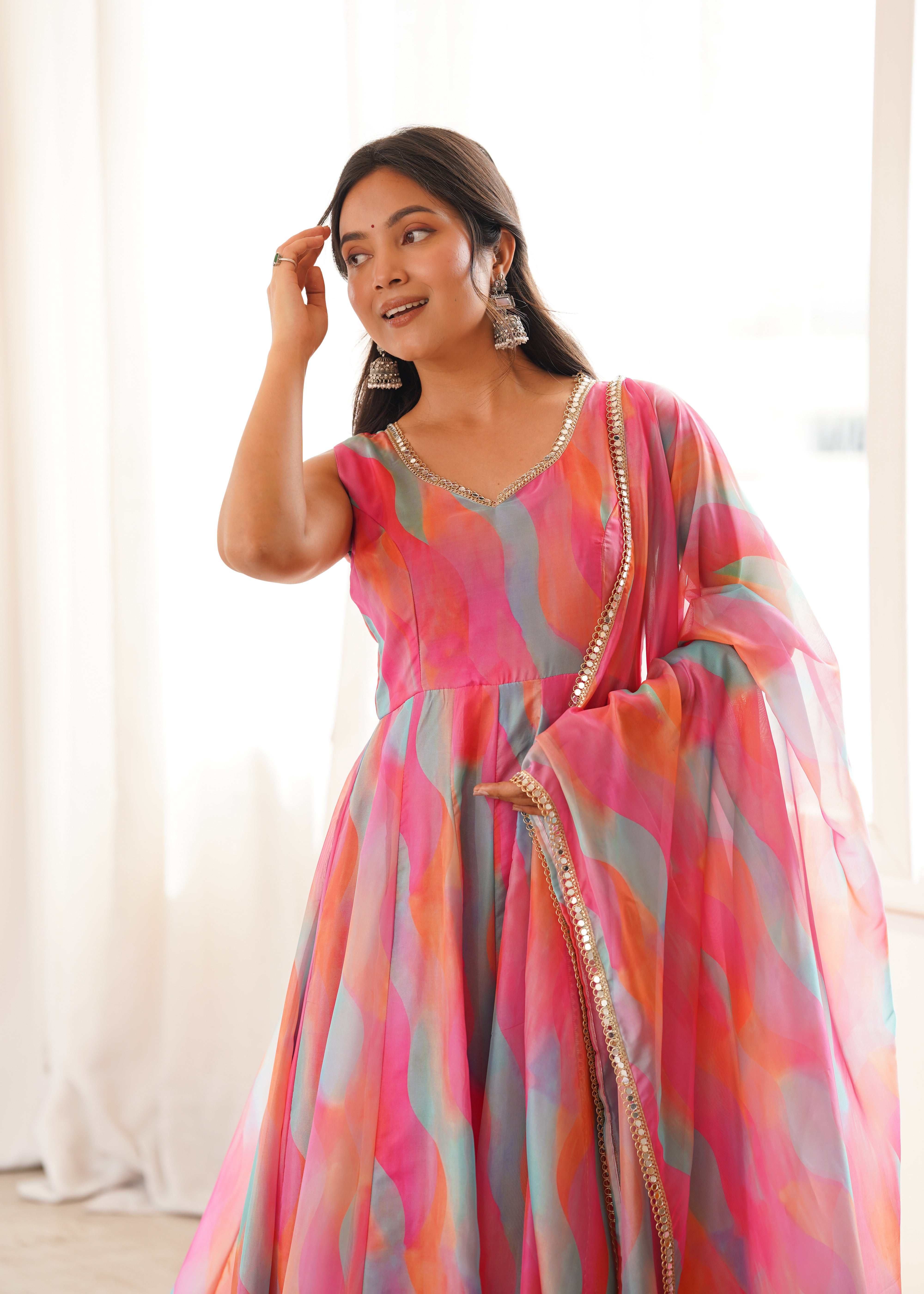 Candy Pink Abstract Printed Tebi Organza Anarkali Gown Set with Mirror Lace Dupatta