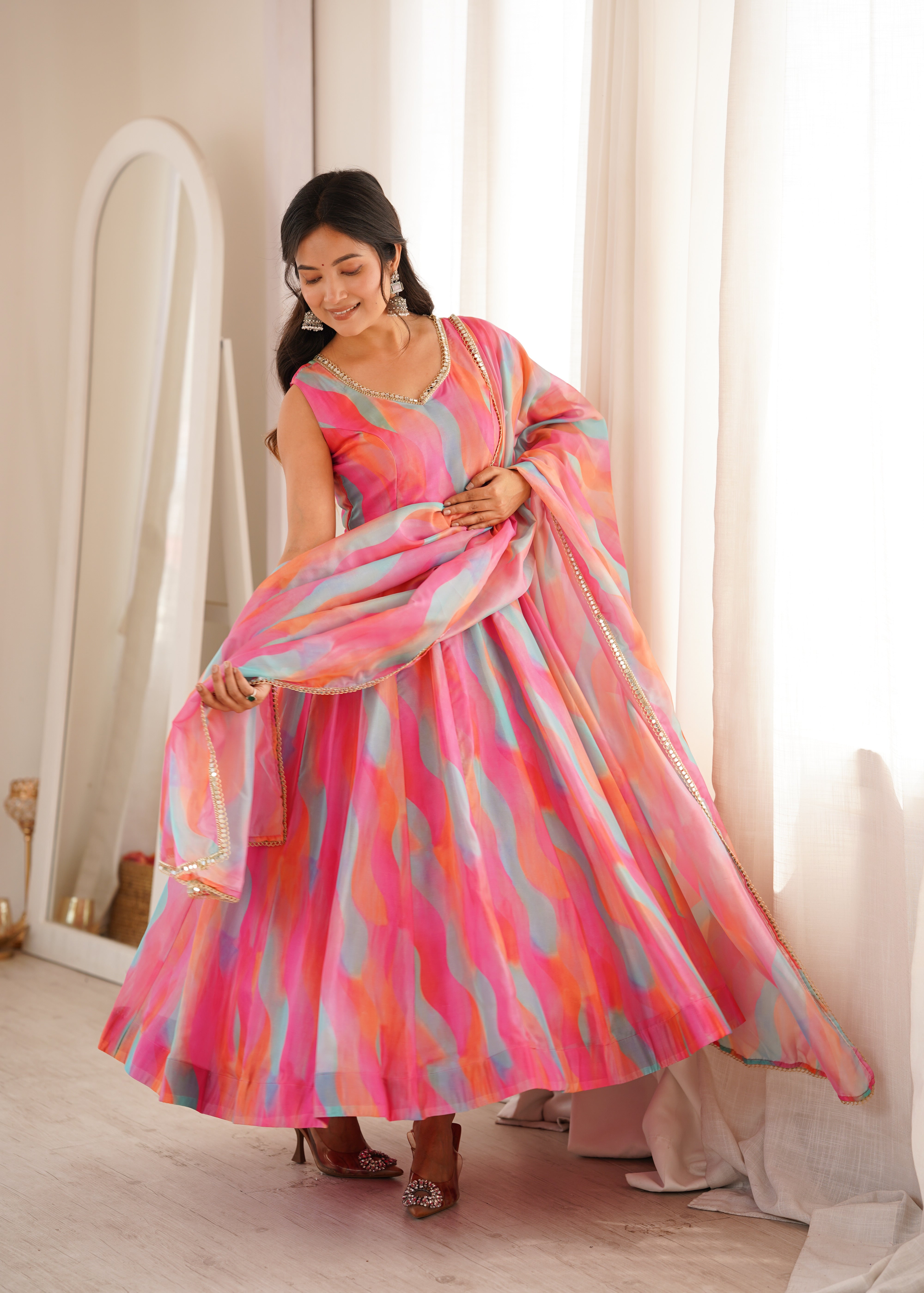 Candy Pink Abstract Printed Tebi Organza Anarkali Gown Set with Mirror Lace Dupatta