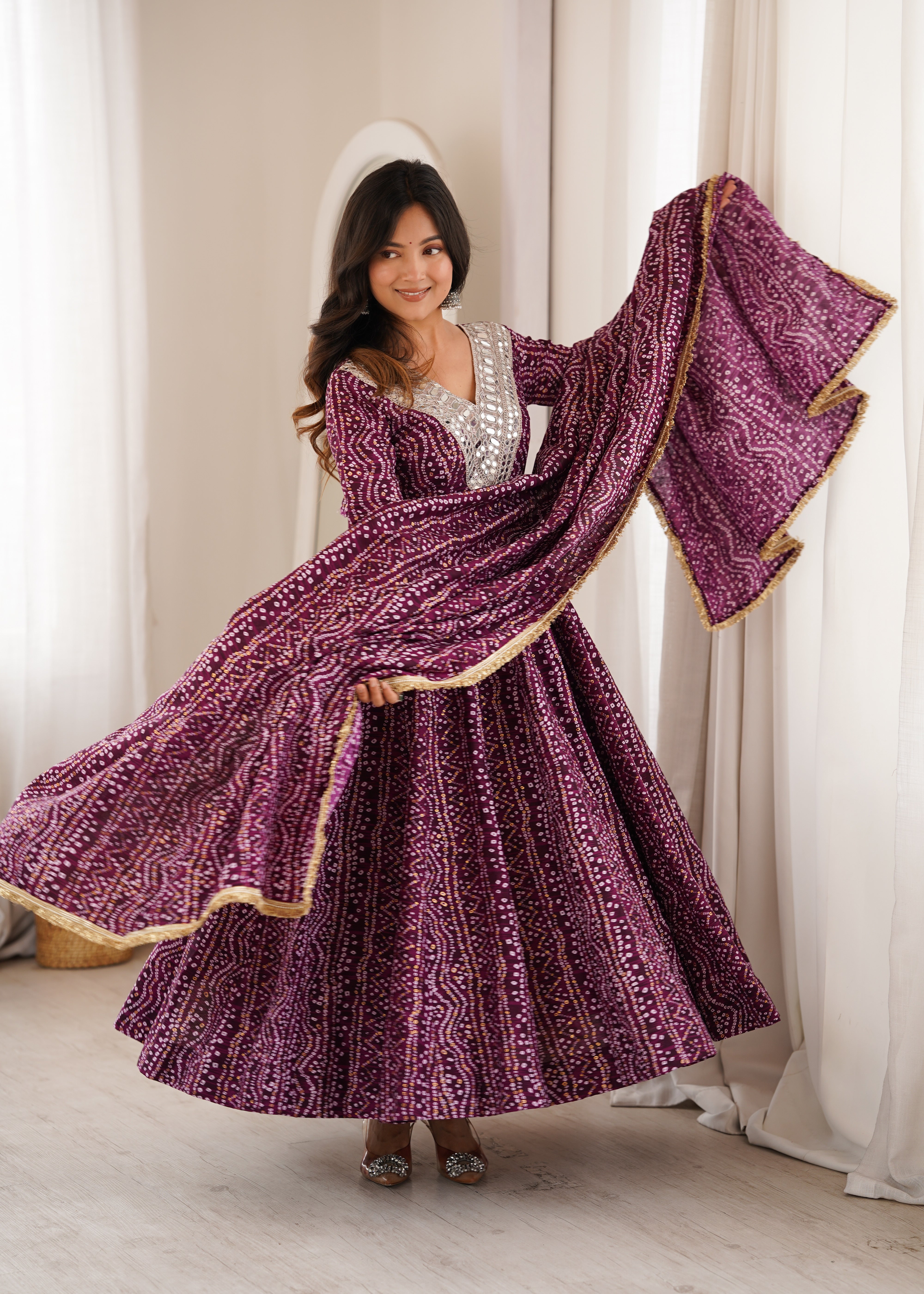 Wine Mirror Embroidered Rayon Anarkali Gown Set with Dupatta & Pant