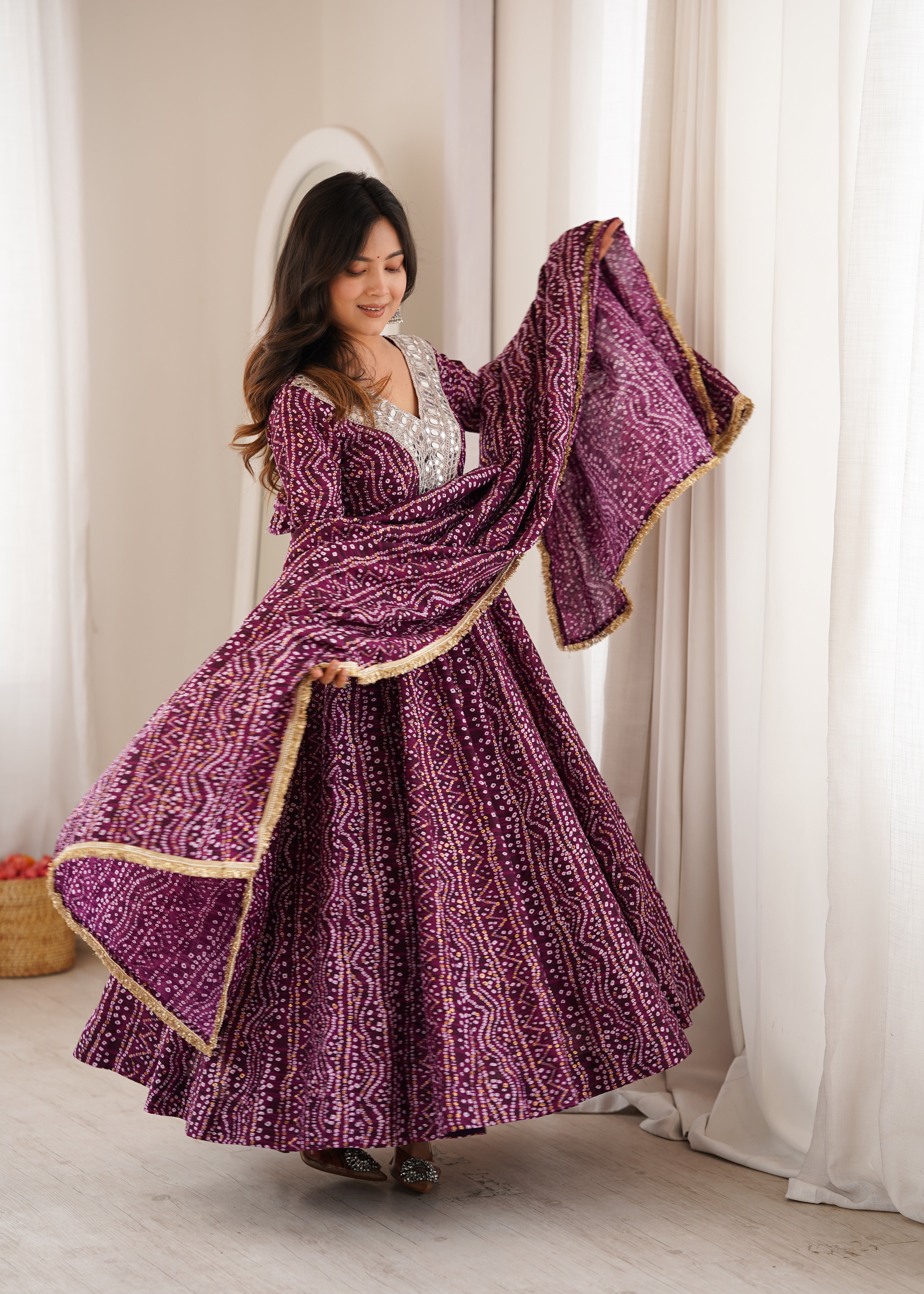 Wine Mirror Embroidered Rayon Anarkali Gown Set with Dupatta & Pant