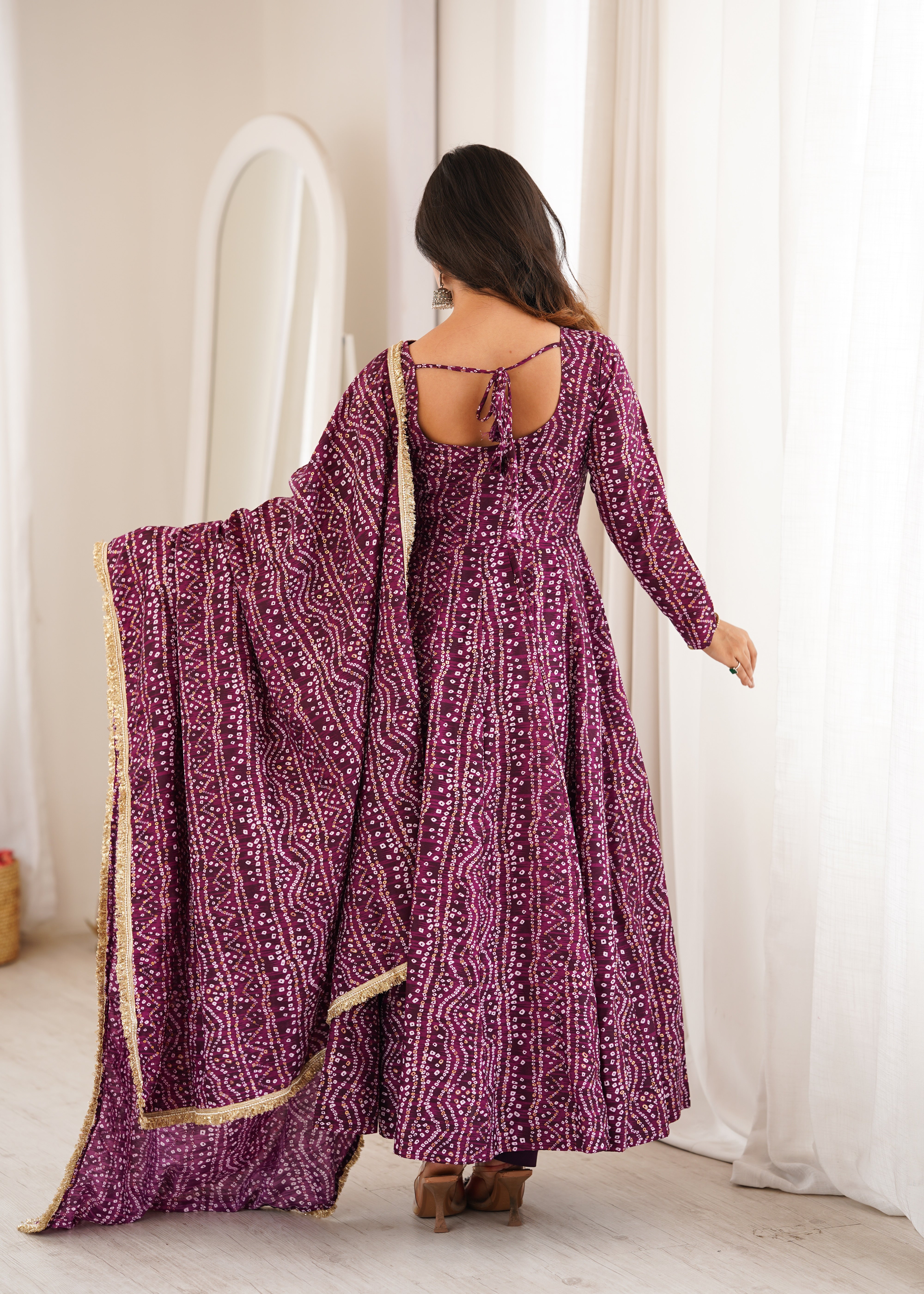 Wine Mirror Embroidered Rayon Anarkali Gown Set with Dupatta & Pant