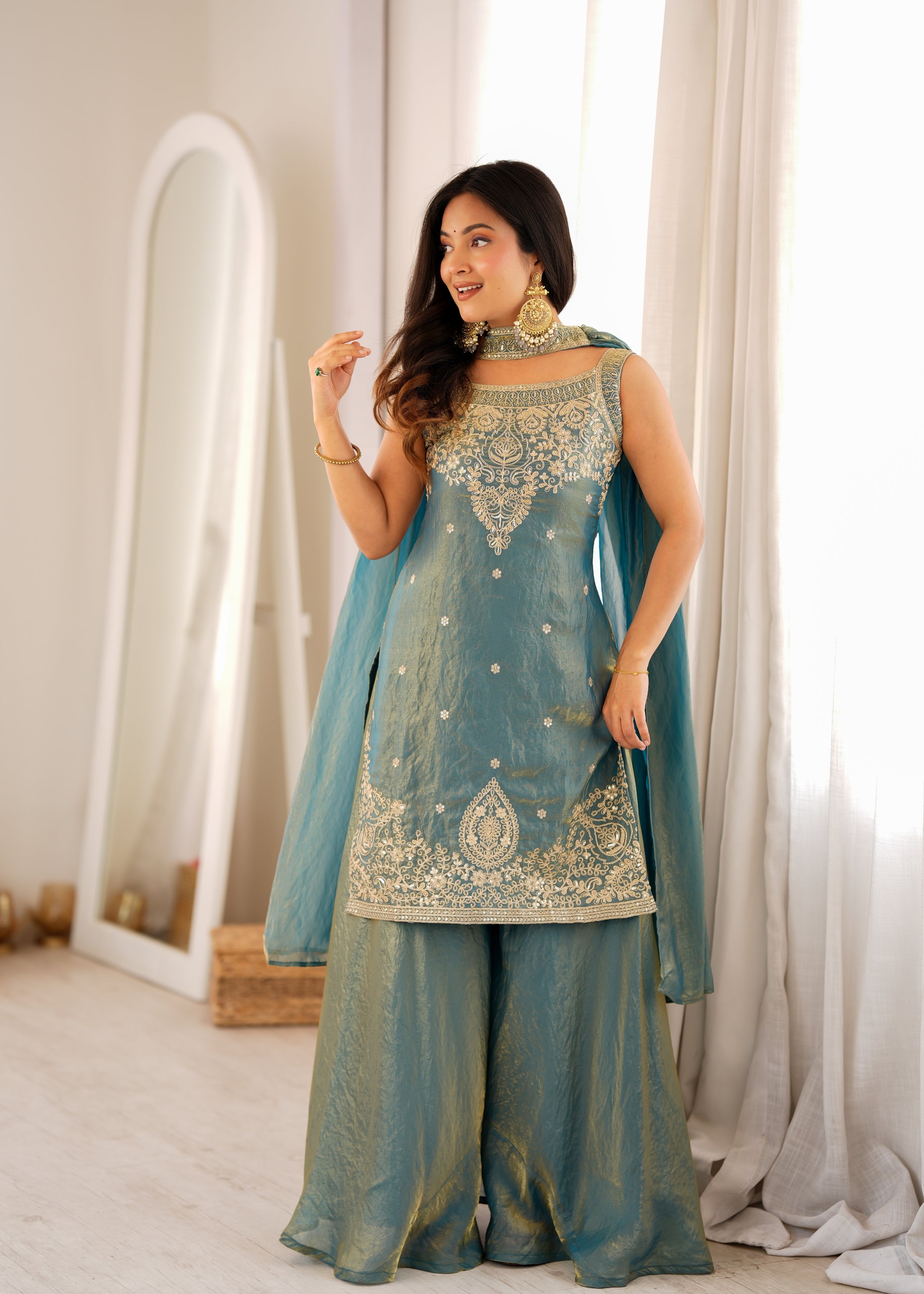 Dusty Teal Pure Fendy Silk Sharara Suit with Embroidery Sequence Work & Dupatta