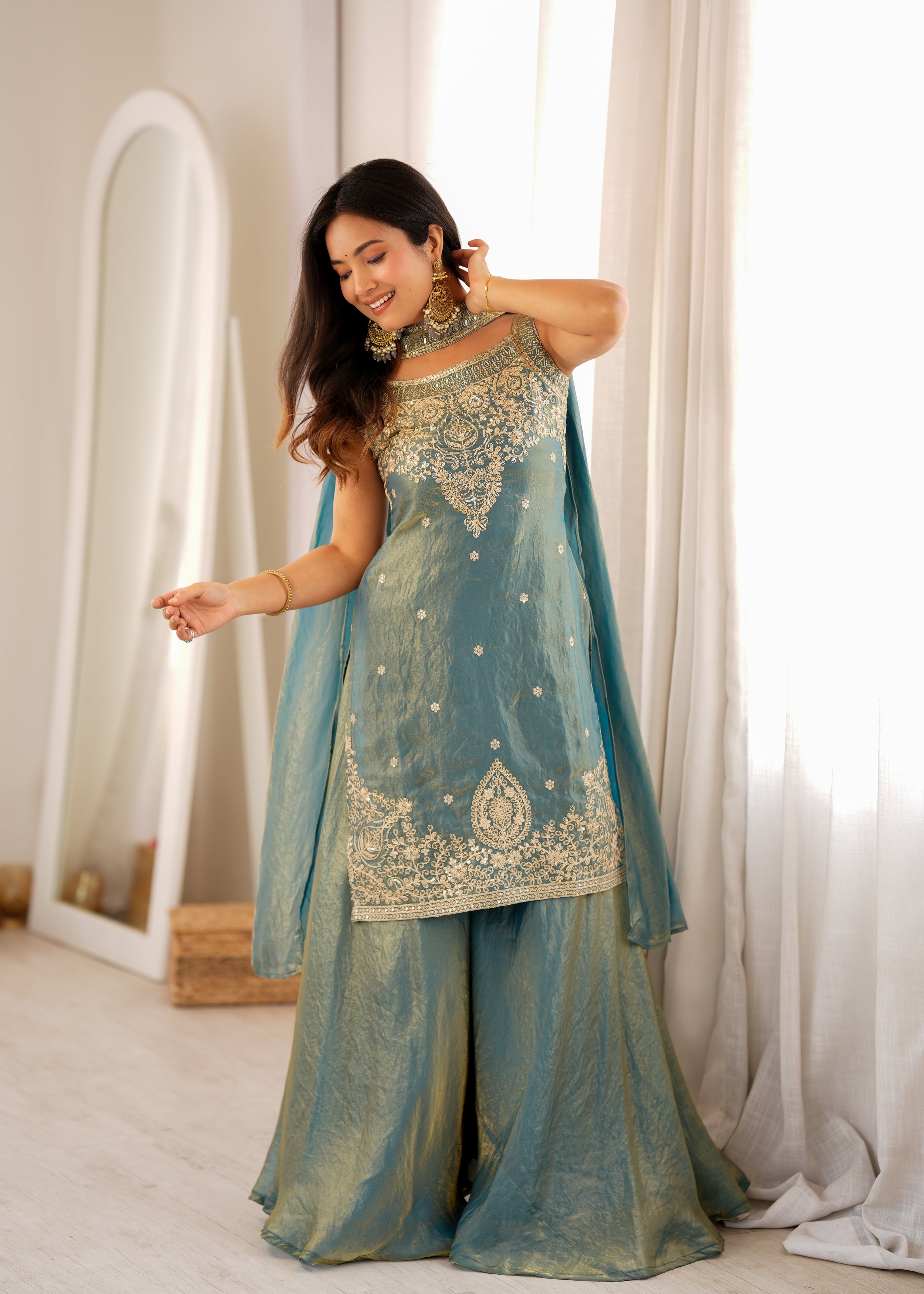 Dusty Teal Pure Fendy Silk Sharara Suit with Embroidery Sequence Work & Dupatta