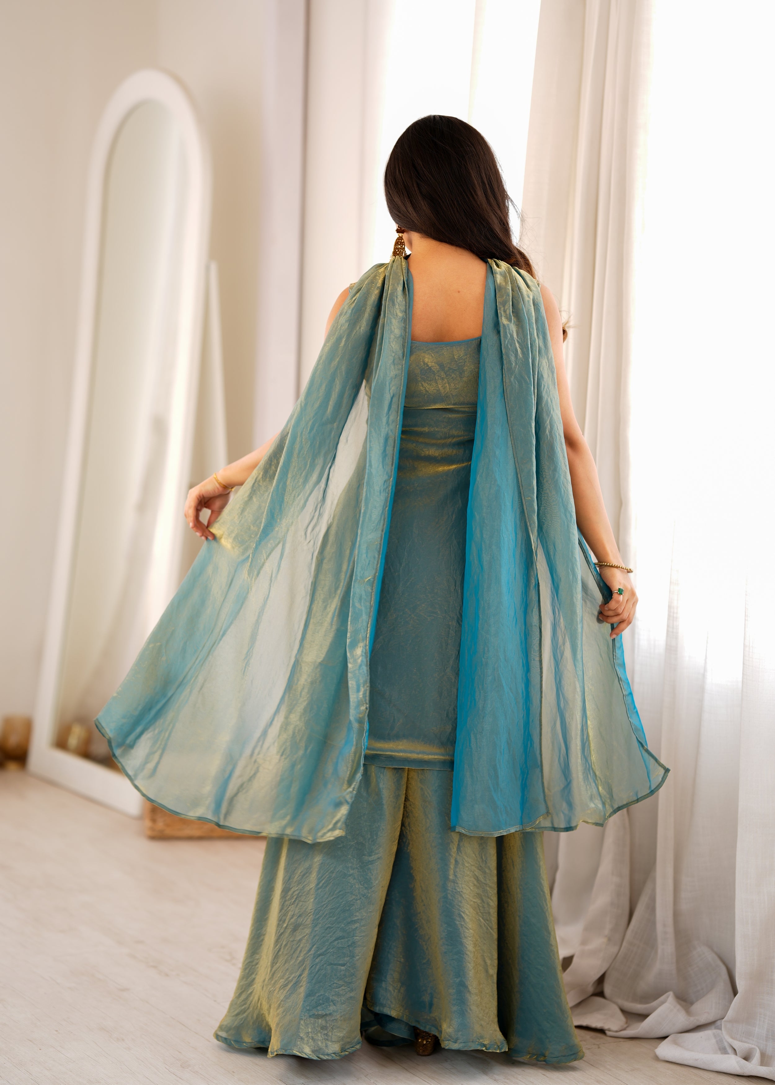 Dusty Teal Pure Fendy Silk Sharara Suit with Embroidery Sequence Work & Dupatta