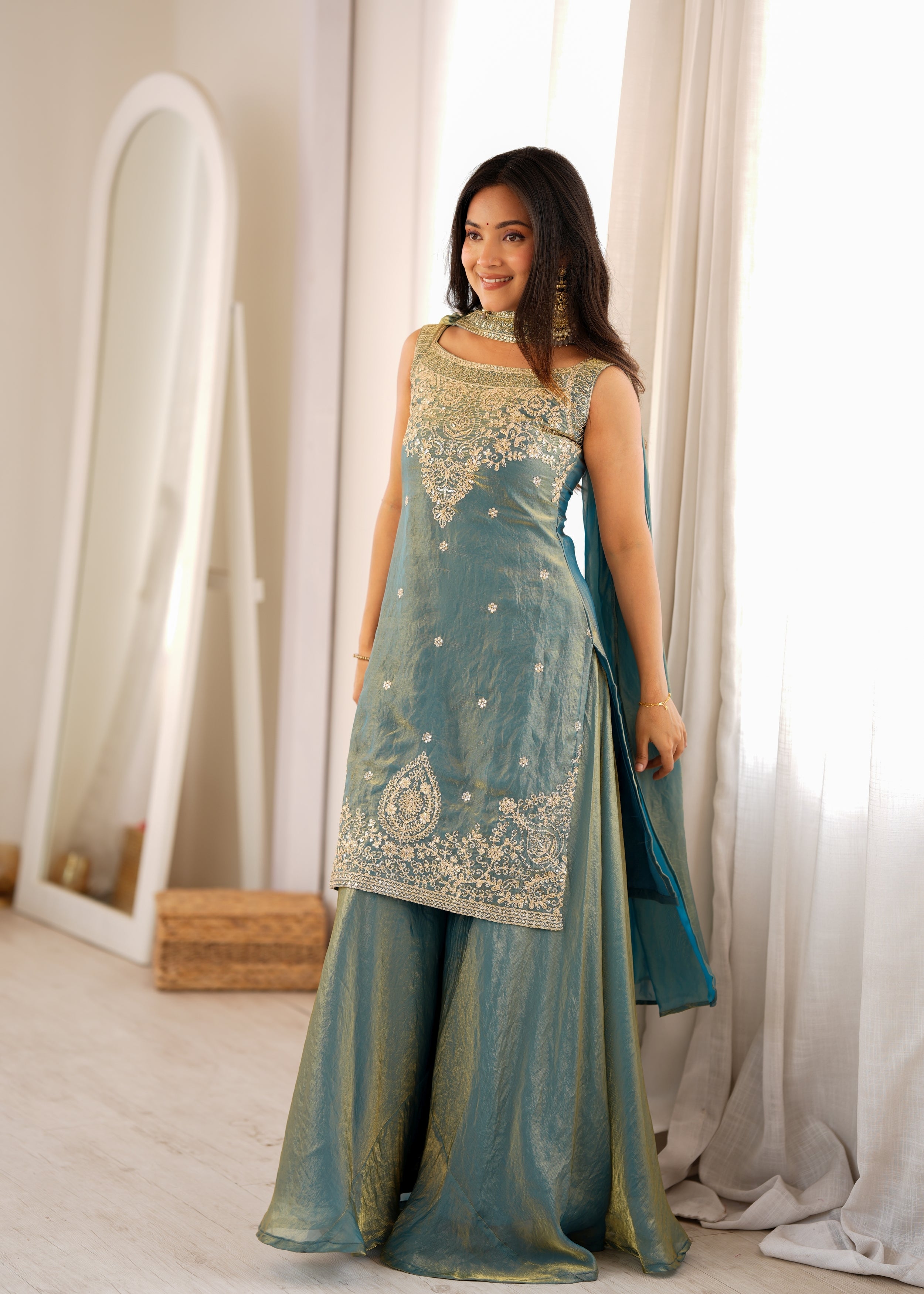 Dusty Teal Pure Fendy Silk Sharara Suit with Embroidery Sequence Work & Dupatta