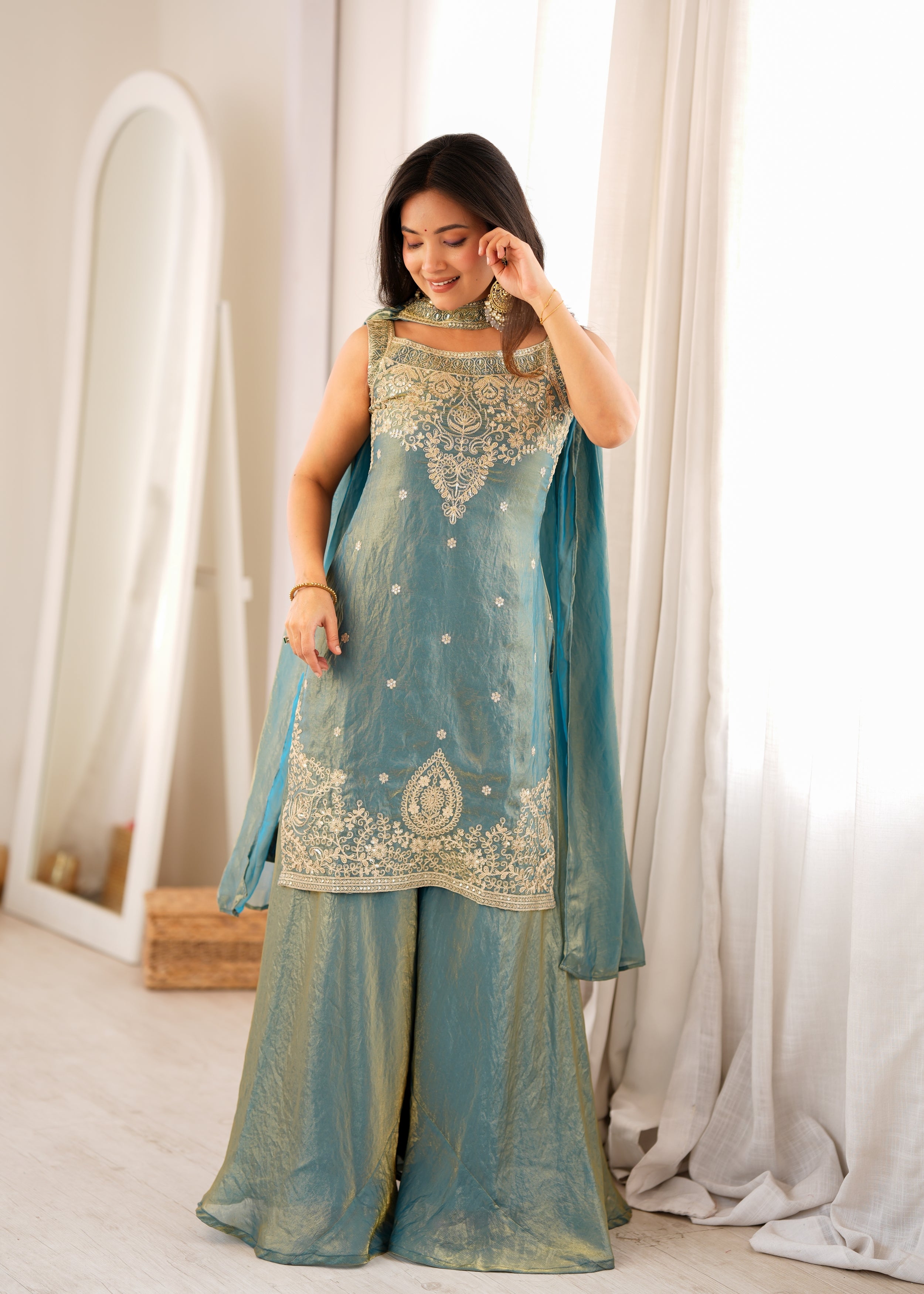 Dusty Teal Pure Fendy Silk Sharara Suit with Embroidery Sequence Work & Dupatta