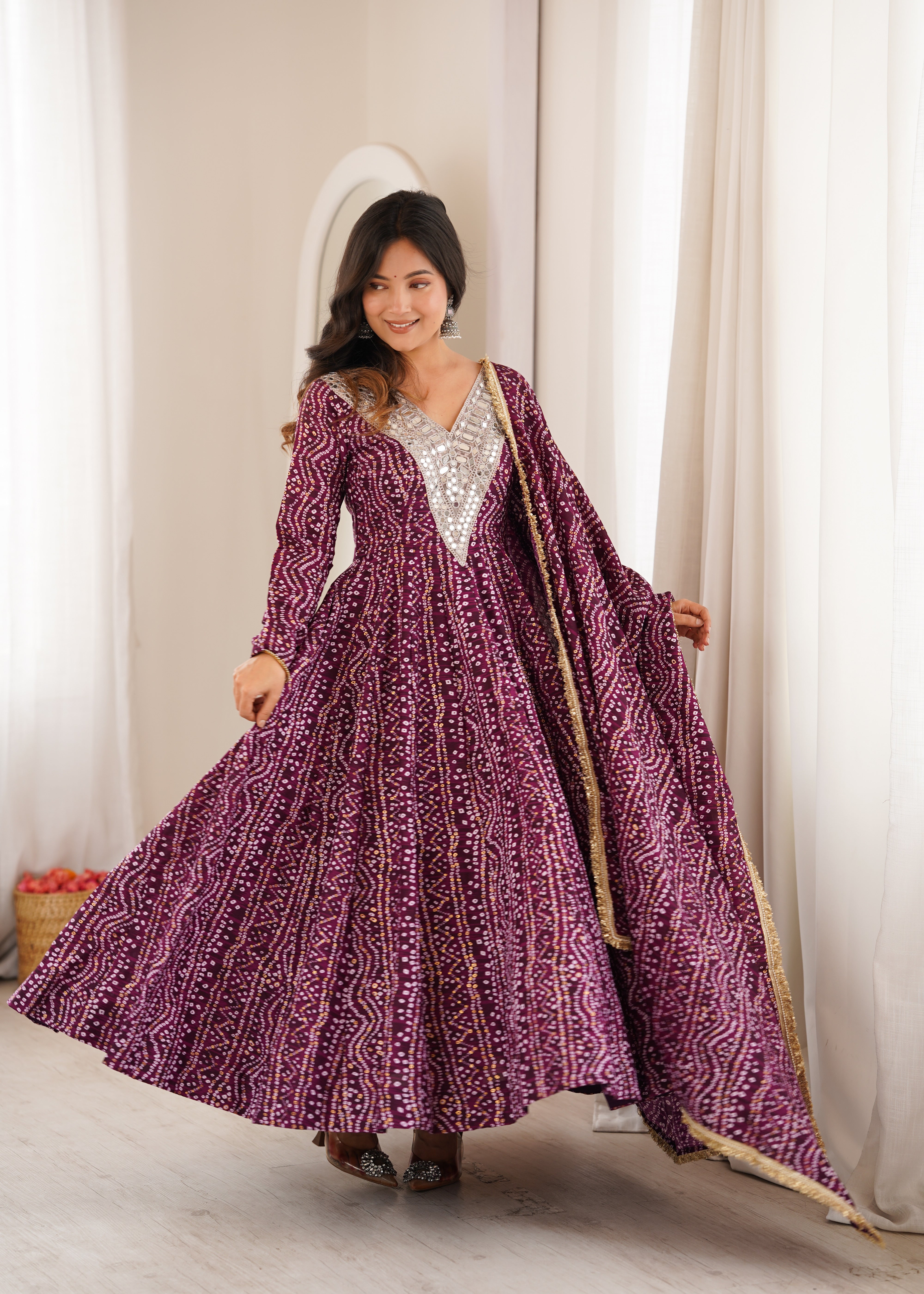 Wine Mirror Embroidered Rayon Anarkali Gown Set with Dupatta & Pant